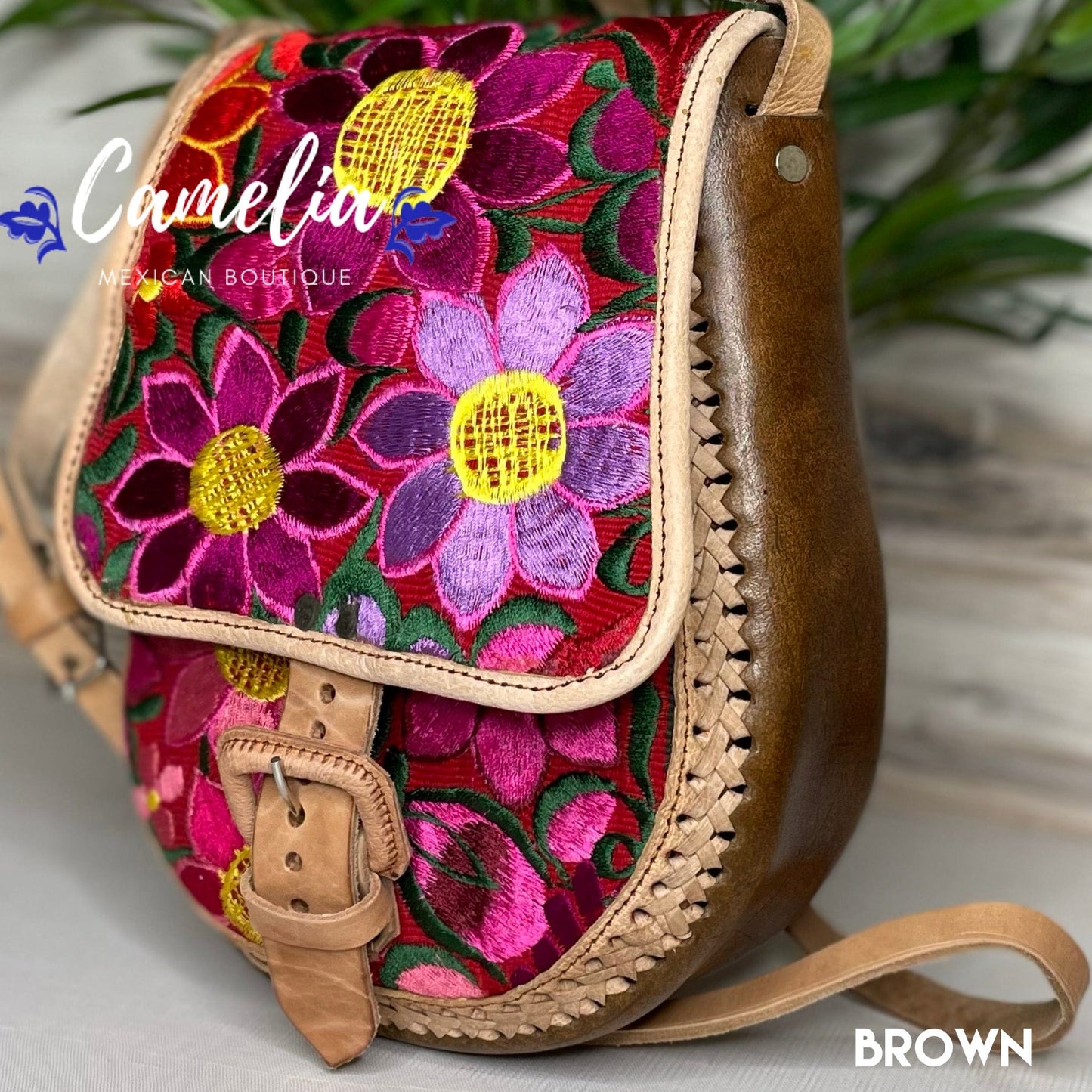 Mexican Leather Crossbody Saddle Bag - Embroidered