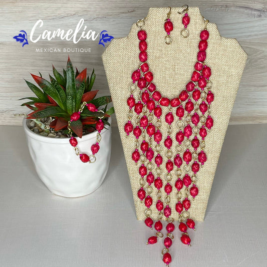 Mexican Palm Necklace Set - Red