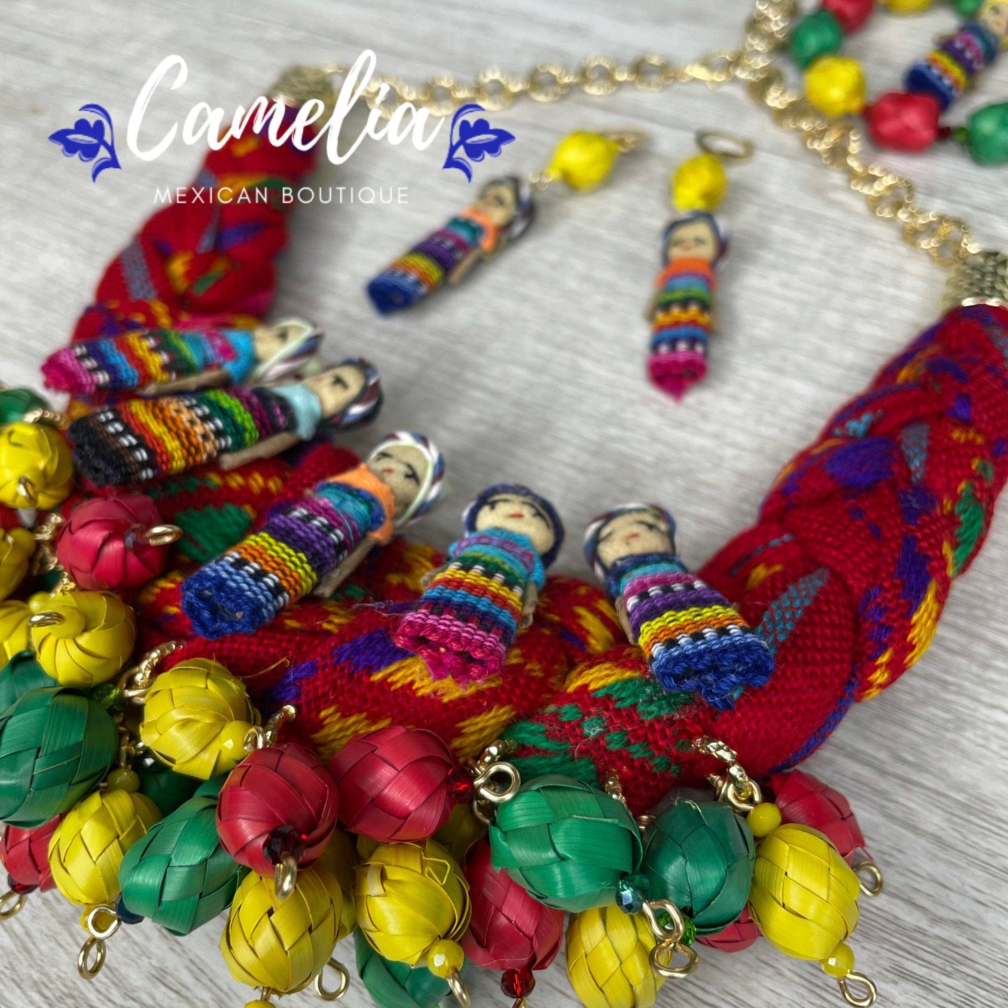 Mexican Quitapena Mayan Doll Palm Necklace Set