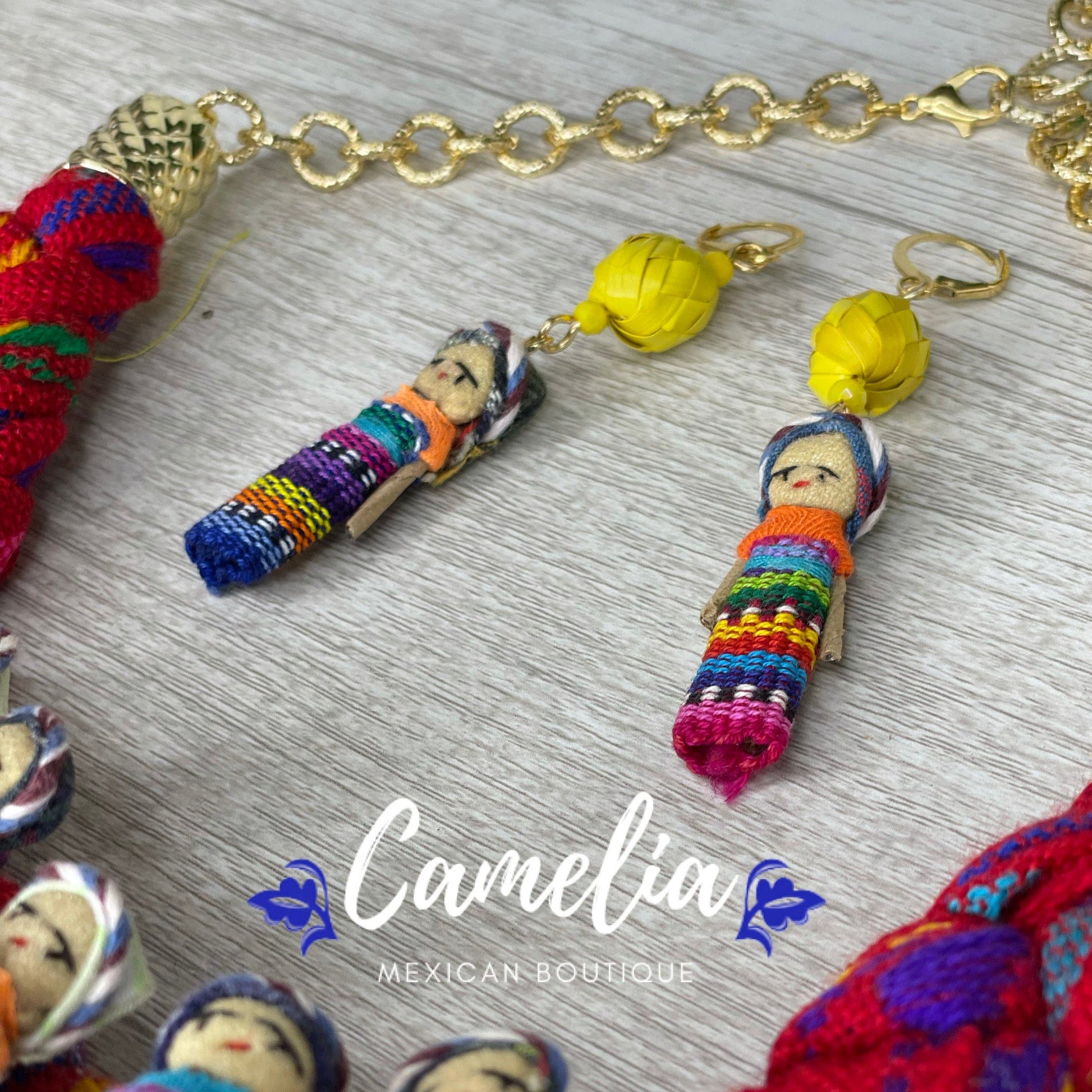 Mexican Quitapena Mayan Doll Palm Necklace Set