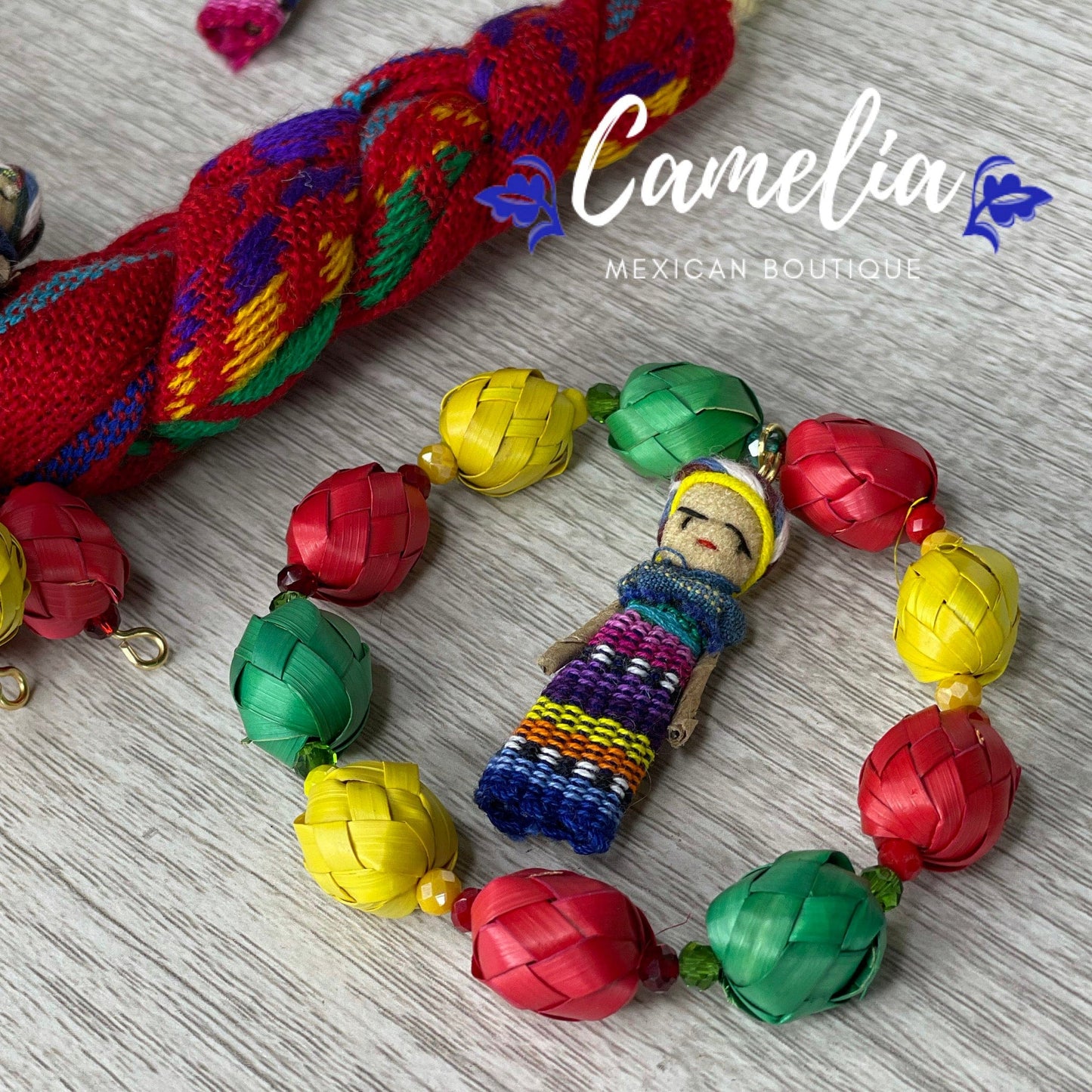 Mexican Quitapena Mayan Doll Palm Necklace Set