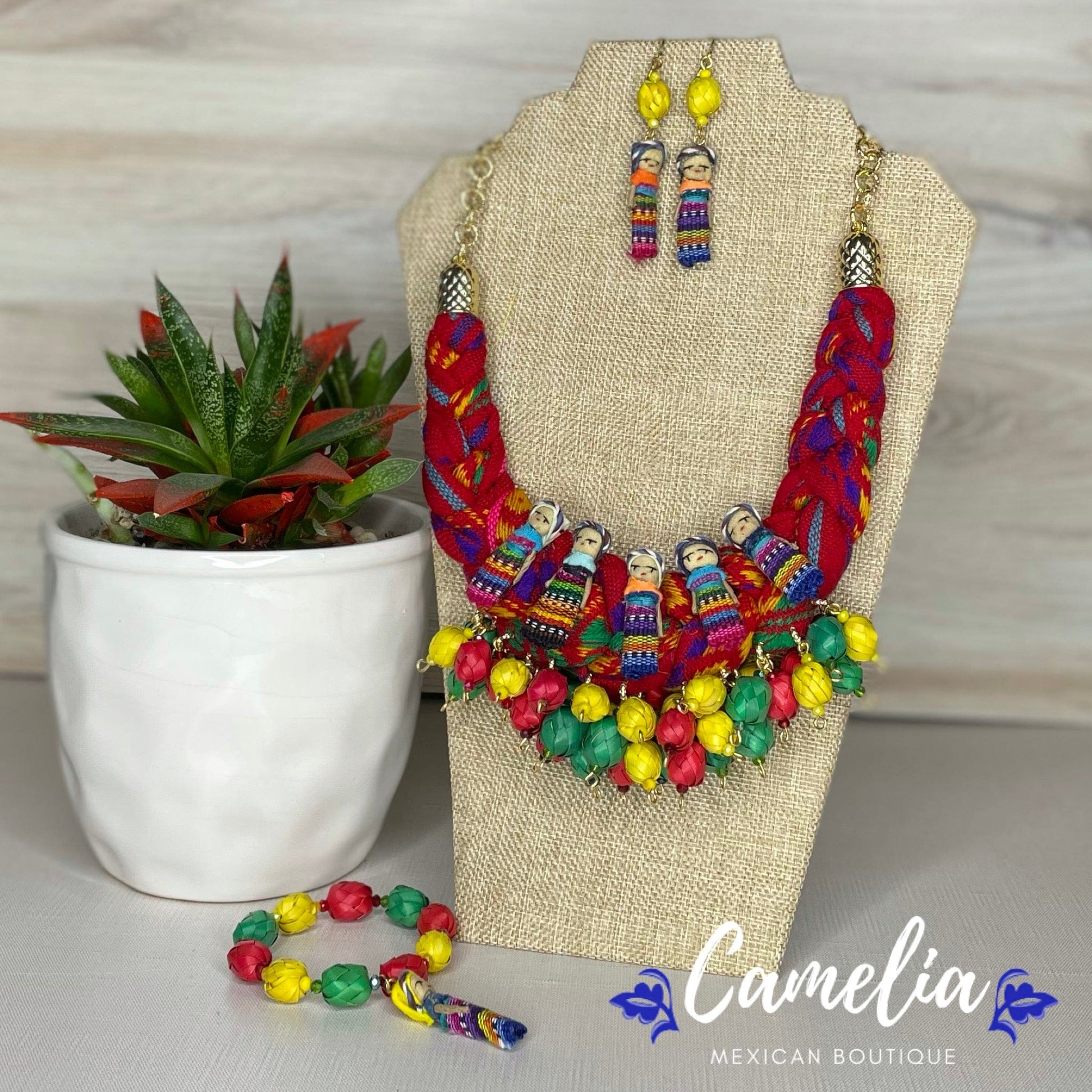 Mexican Quitapena Mayan Doll Palm Necklace Set