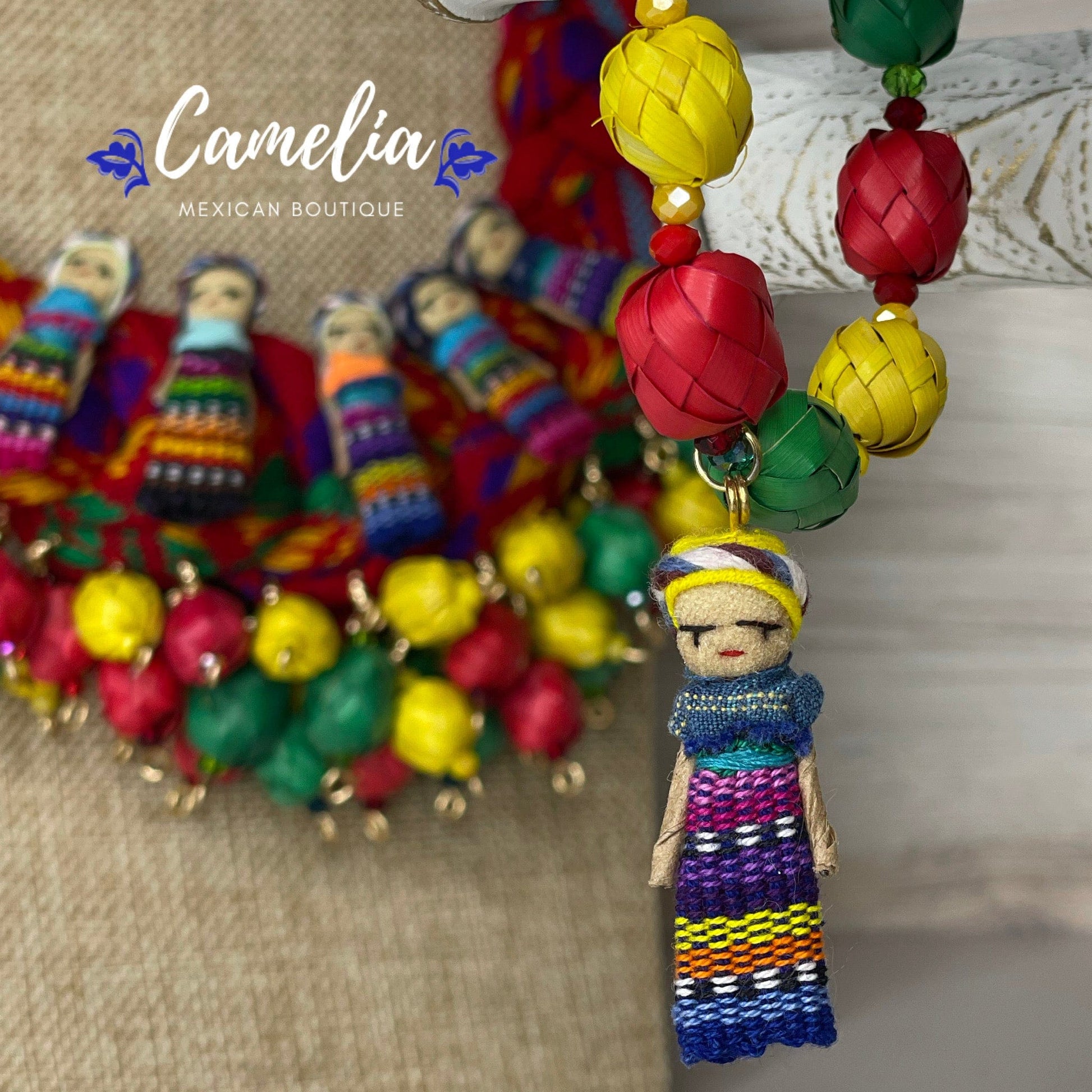 Mexican Quitapena Mayan Doll Palm Necklace Set