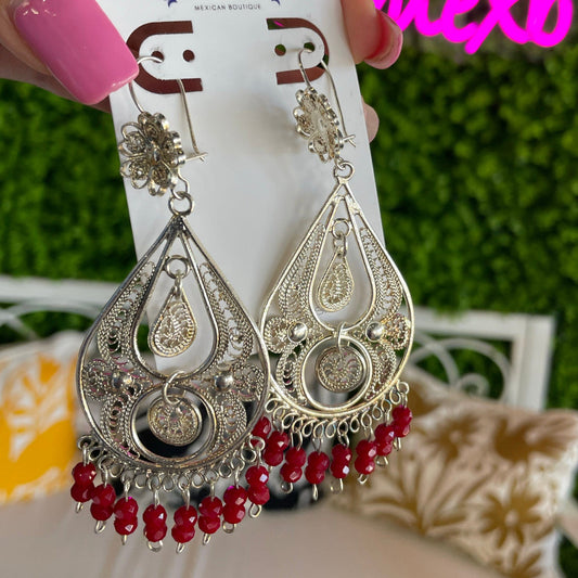 Oaxacan Filigree Earrings - Eye Drop Large Silver Red