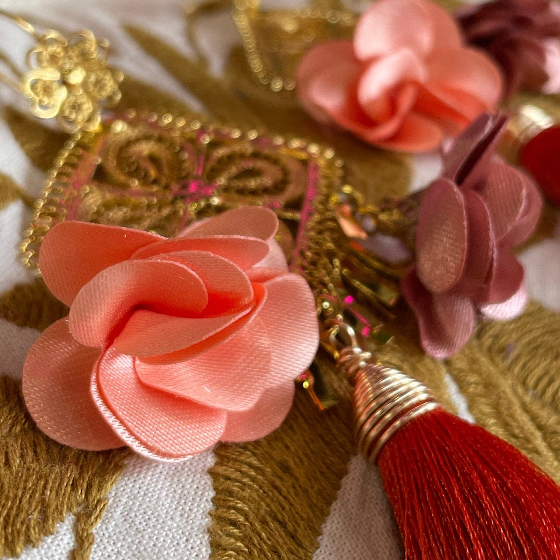 Oaxacan Filigree Fabric Flower Earrings - Burnt Orange