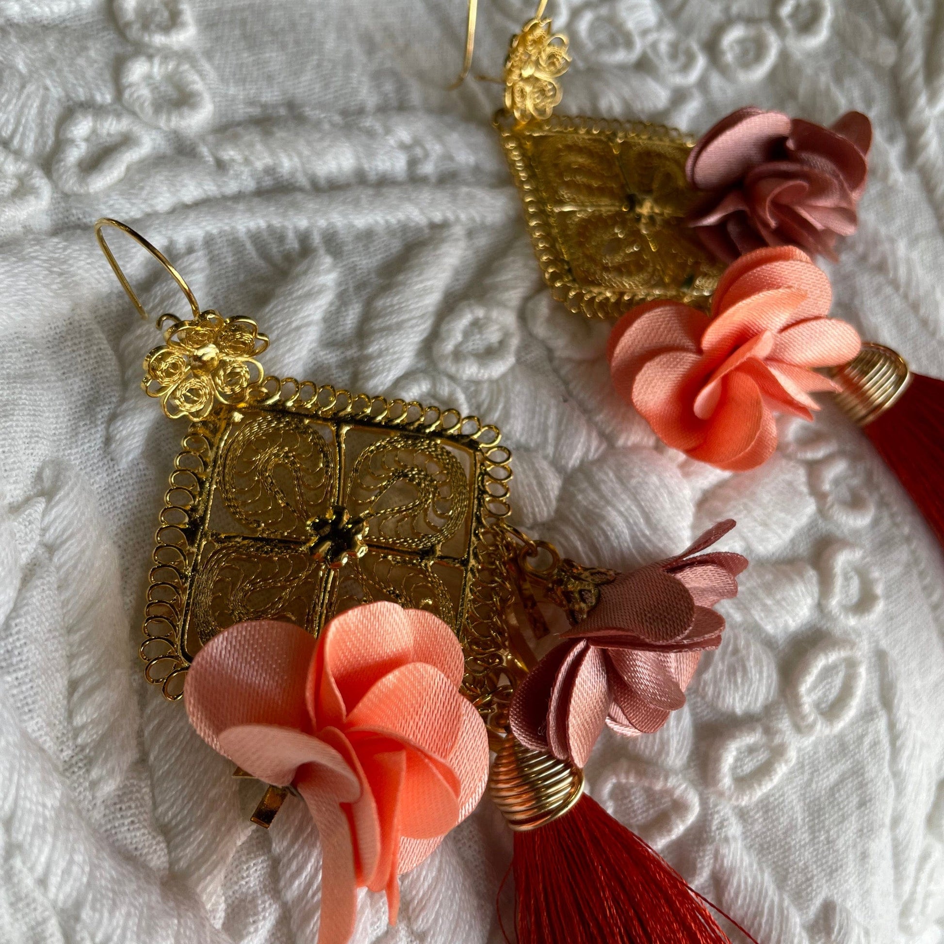 Oaxacan Filigree Fabric Flower Earrings - Burnt Orange