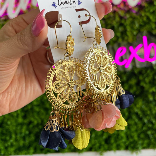 Oaxacan Filigree Fabric Flower Earrings - Medium Navy