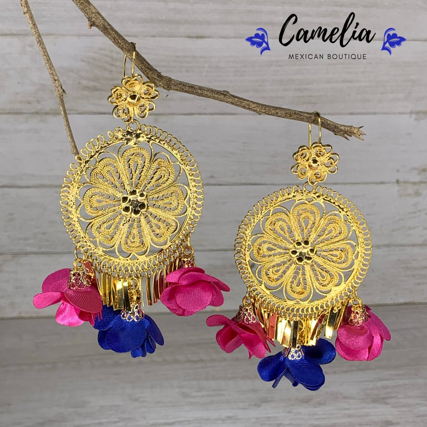 Oaxacan Filigree Fabric Flower Earrings - Pink