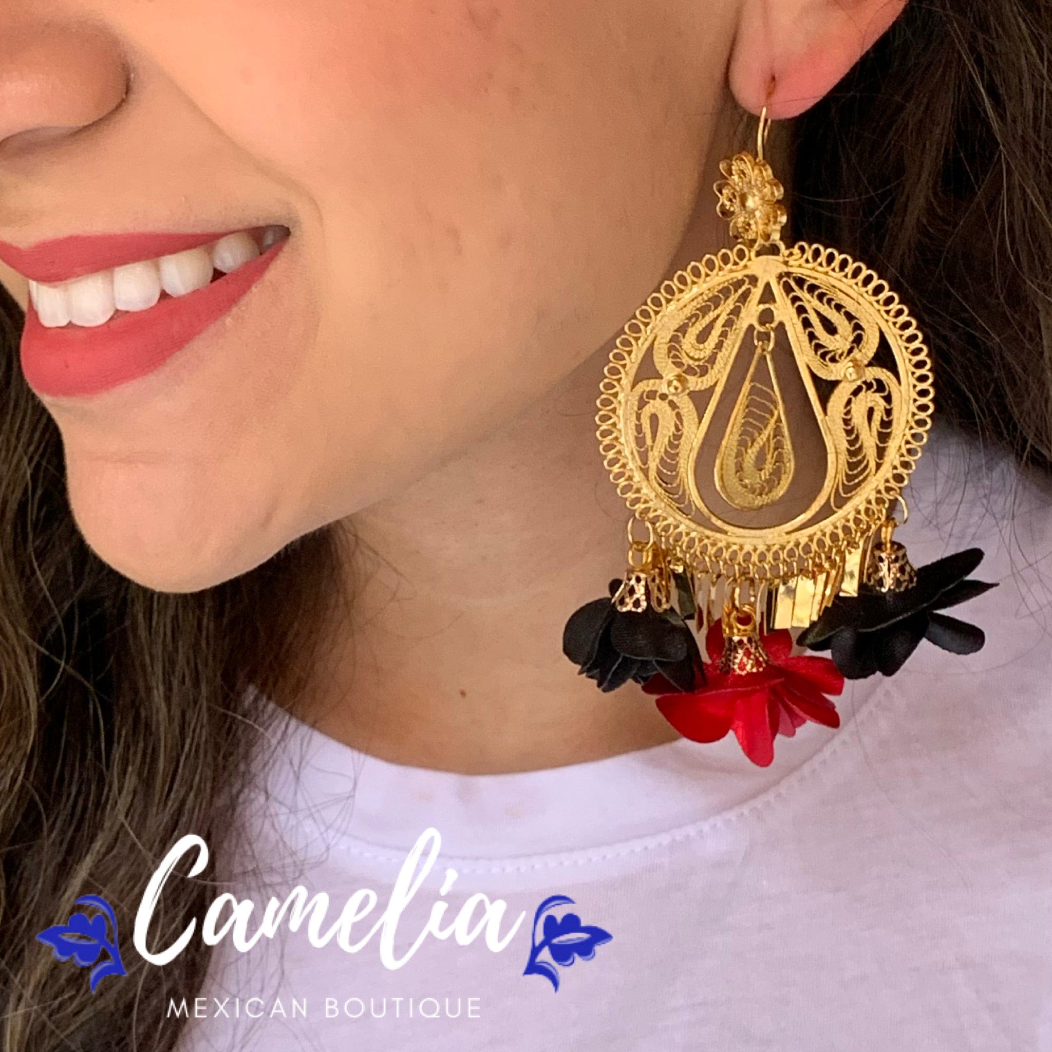 Oaxacan Filigree Fabric Flower Earrings - Red
