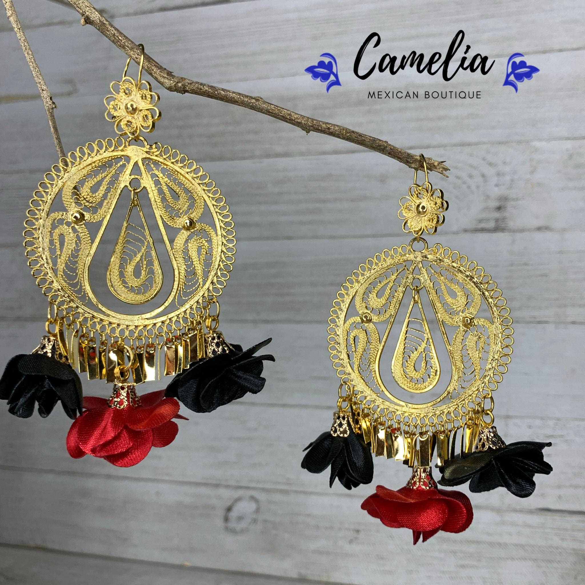 Oaxacan Filigree Fabric Flower Earrings - Red