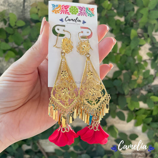 Oaxacan Filigree Fabric Flower Earrings - Teardrop Red