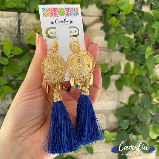 Oaxacan Filigree Tasseled Earrings - Blue