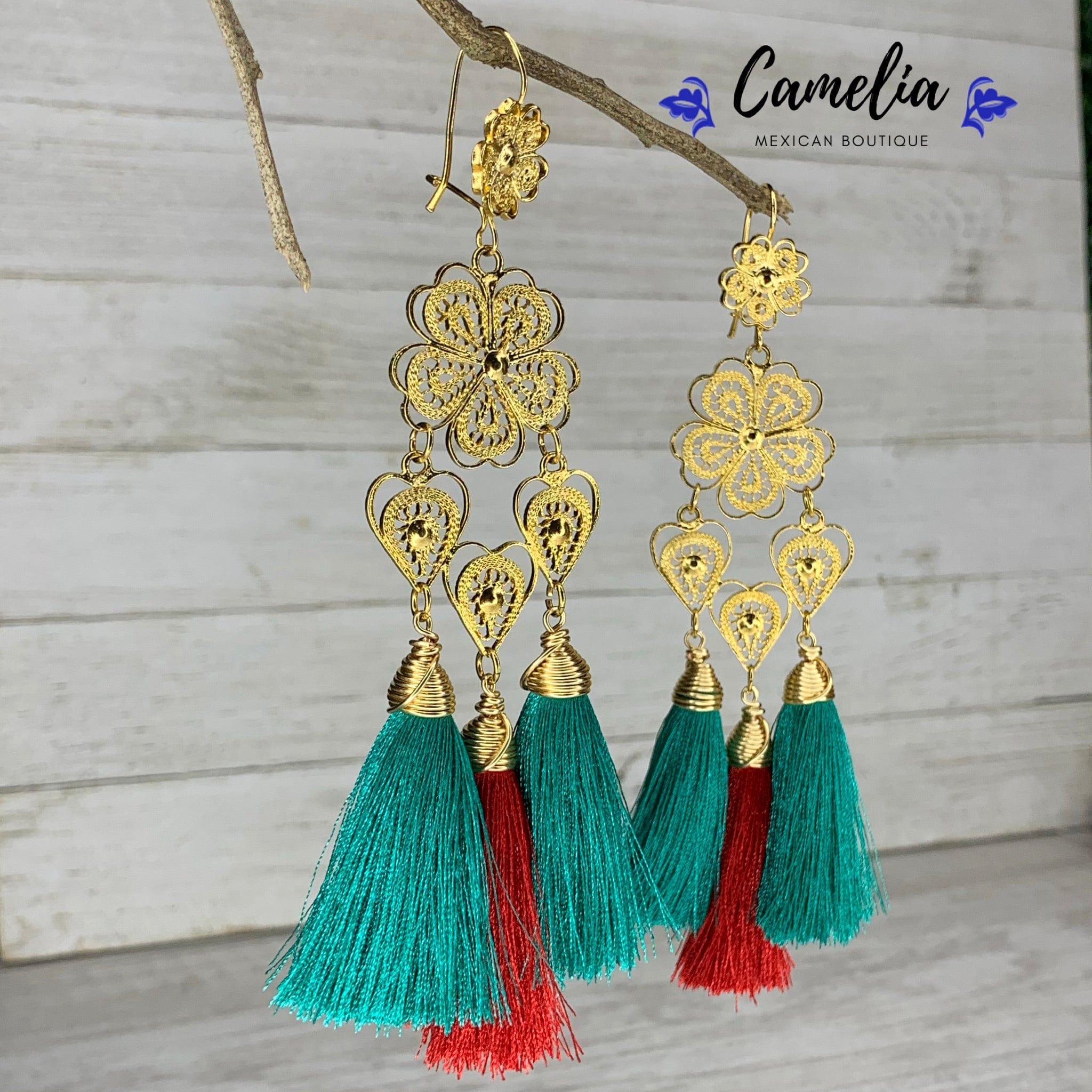 Oaxacan Filigree Tasseled Earrings - Green
