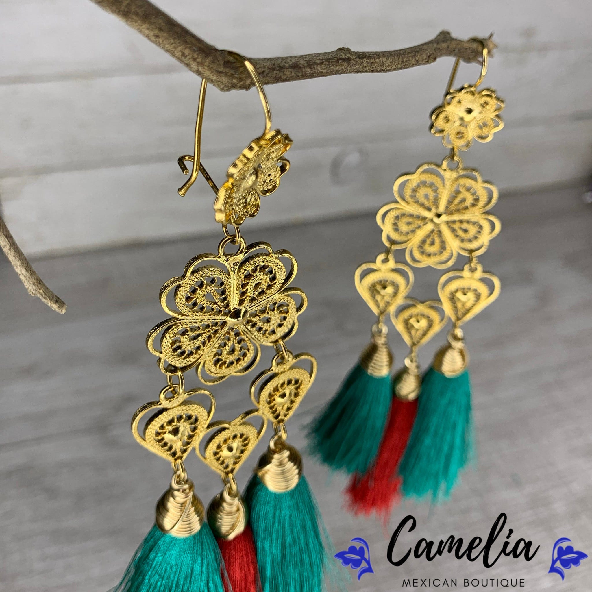 Oaxacan Filigree Tasseled Earrings - Green
