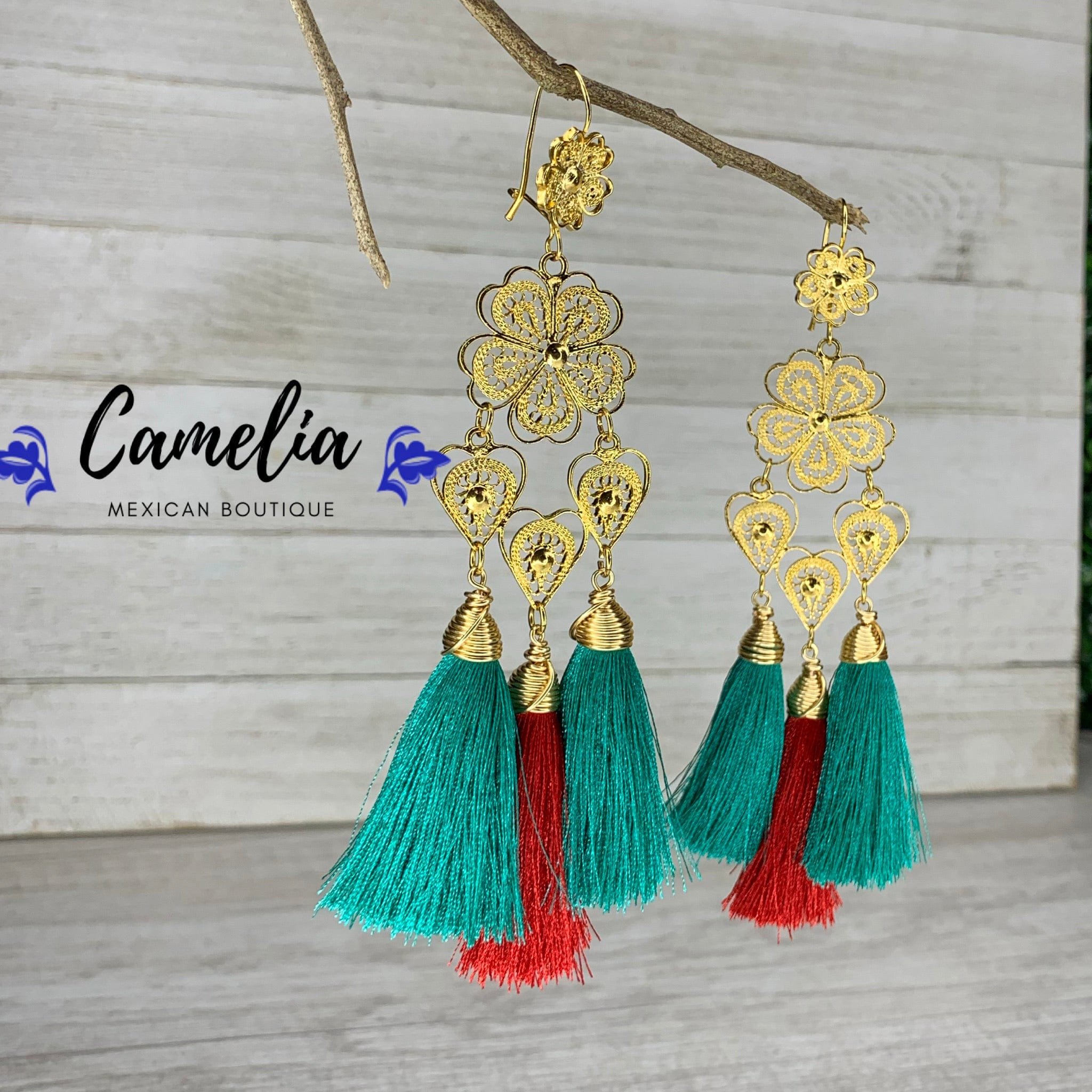 Oaxacan Filigree Tasseled Earrings - Green
