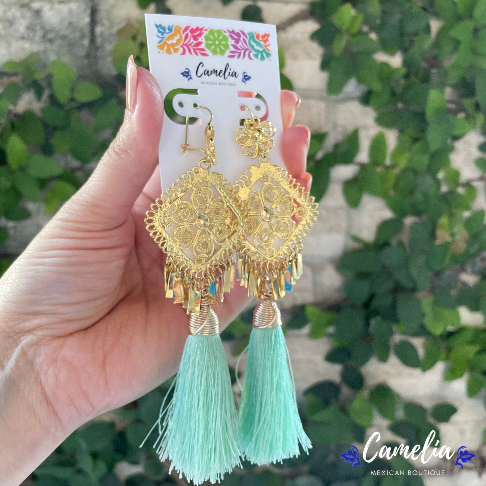 Oaxacan Filigree Tasseled Earrings - Mint