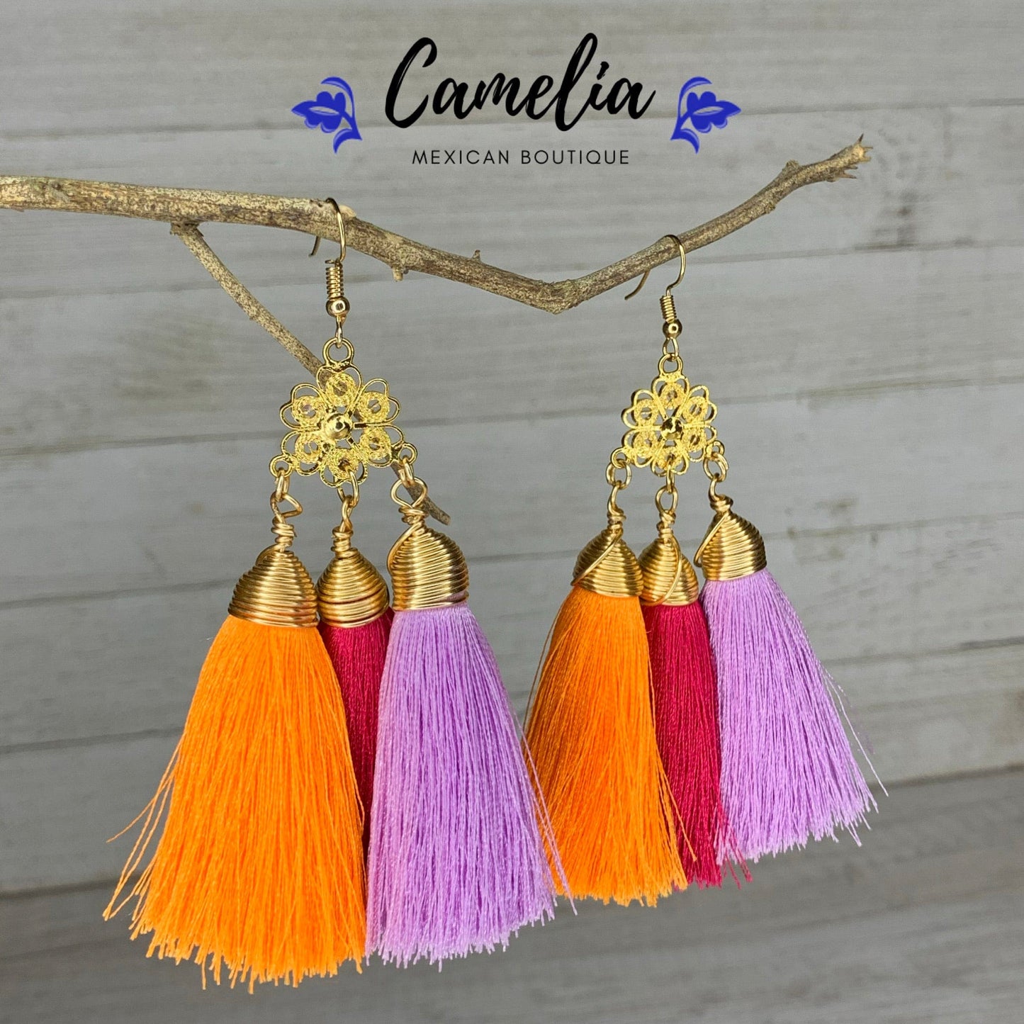 Oaxacan Filigree Tasseled Earrings - Orange