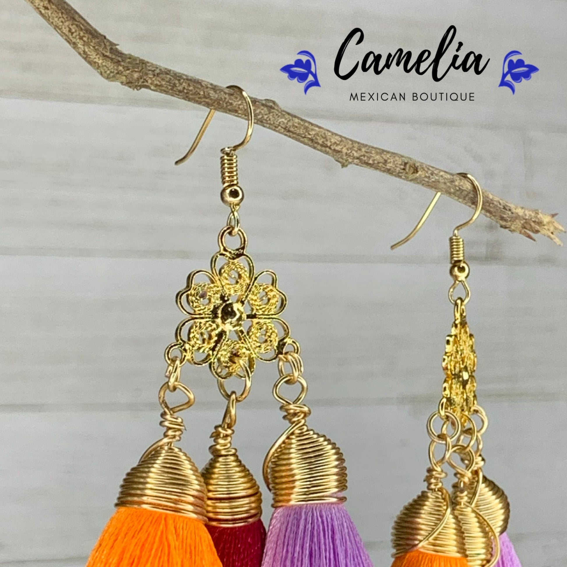 Oaxacan Filigree Tasseled Earrings - Orange