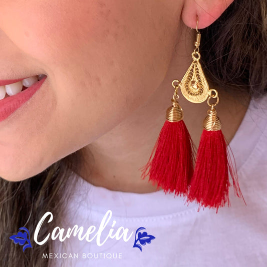 Oaxacan Filigree Tasseled Earrings - Red