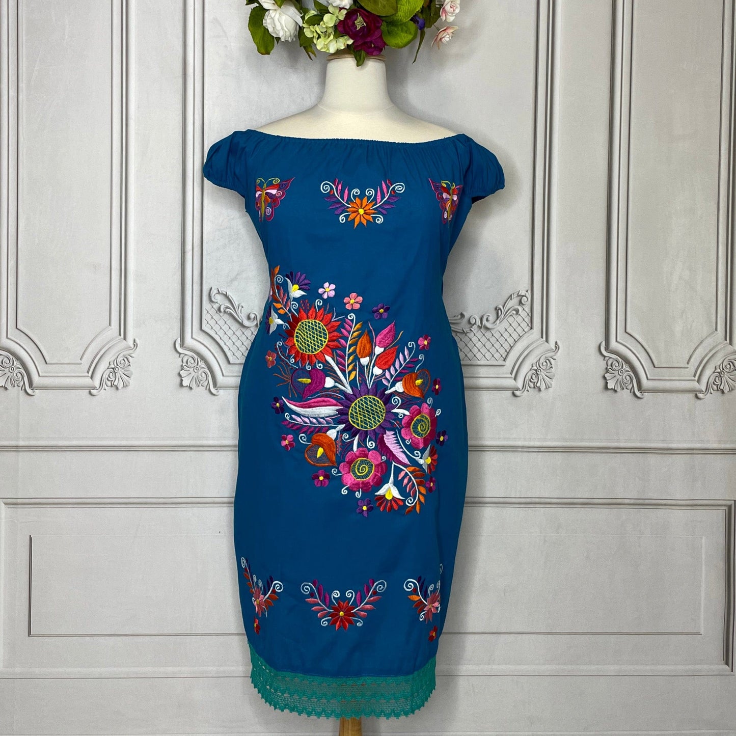 Off Shoulder Elastic Mexican Dress- Sunflower