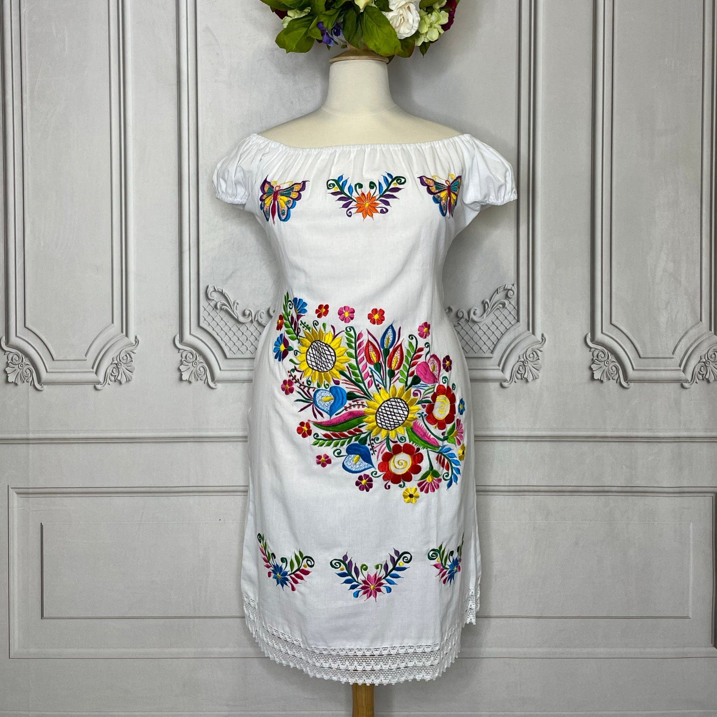 Off Shoulder Elastic Mexican Dress- Sunflower