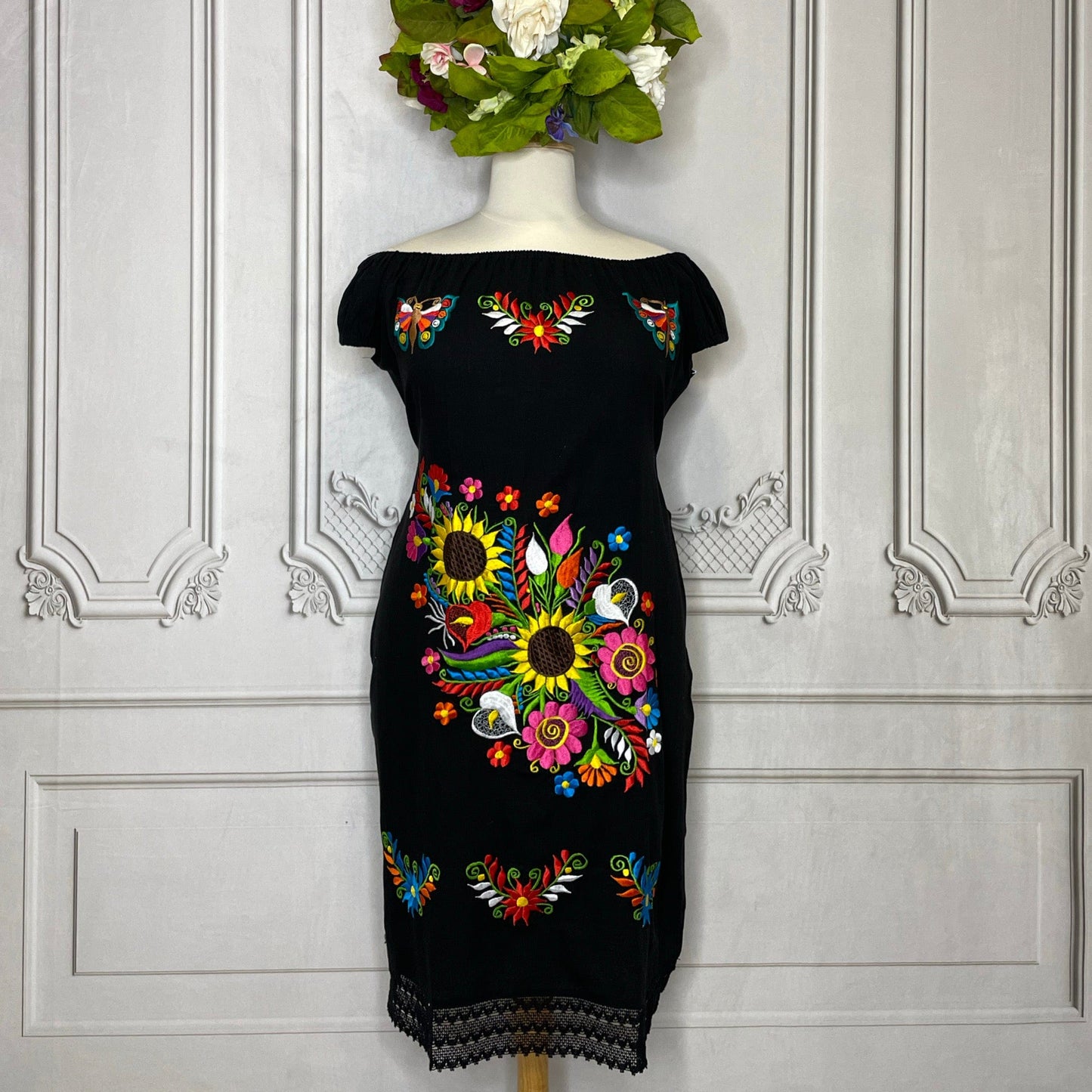 Off Shoulder Elastic Mexican Dress- Sunflower