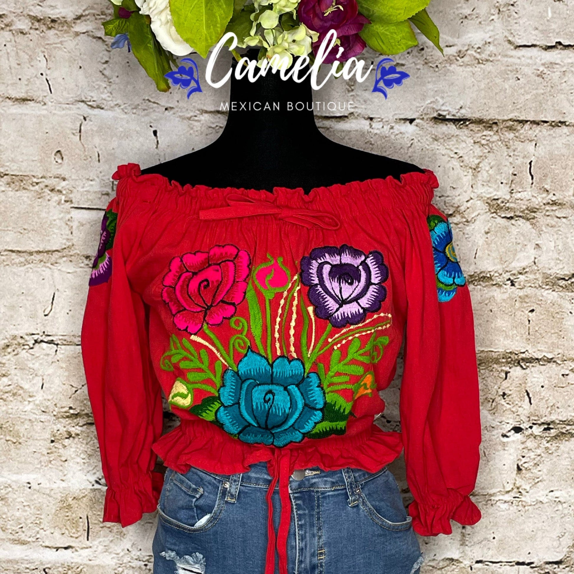 Off Shoulder Mexican Blouse Puff Elastic Sleeve Zinnia