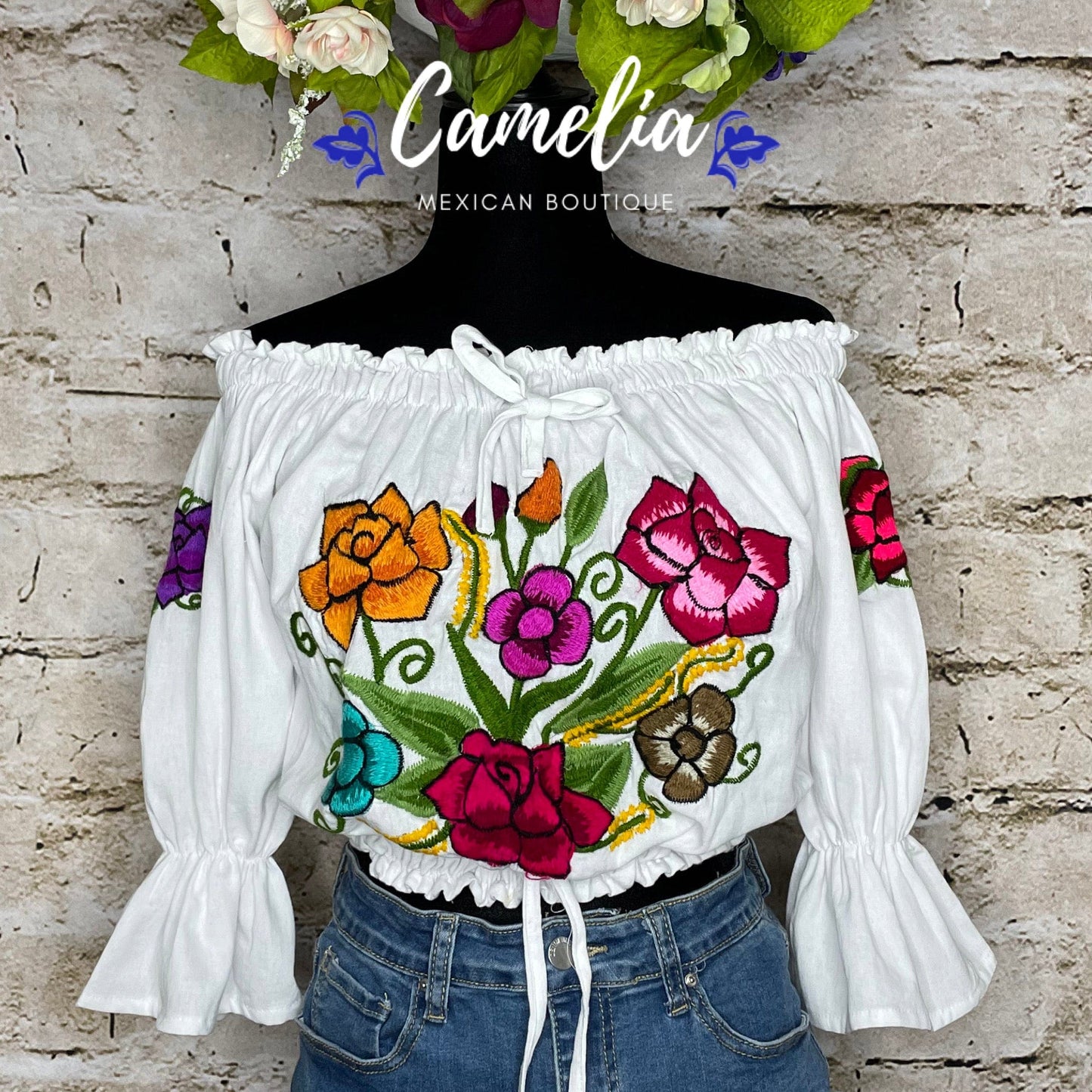 Off Shoulder Mexican Blouse Puff Elastic Sleeve Zinnia