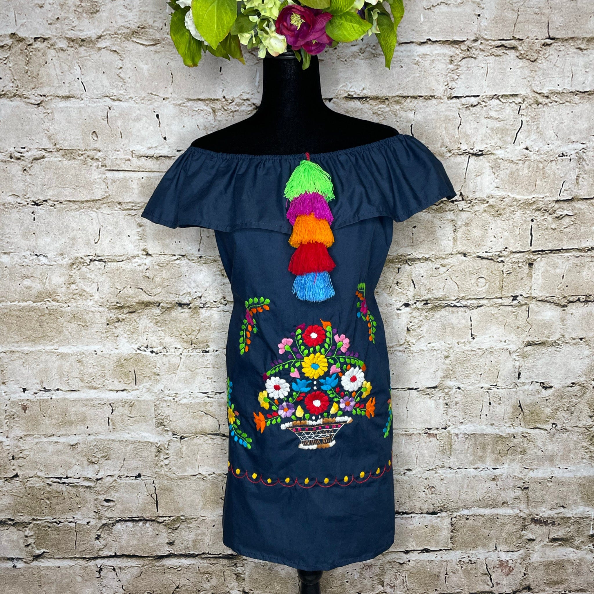 Off Shoulder Puebla Mexican Dress - Ruffle Pom-Pom