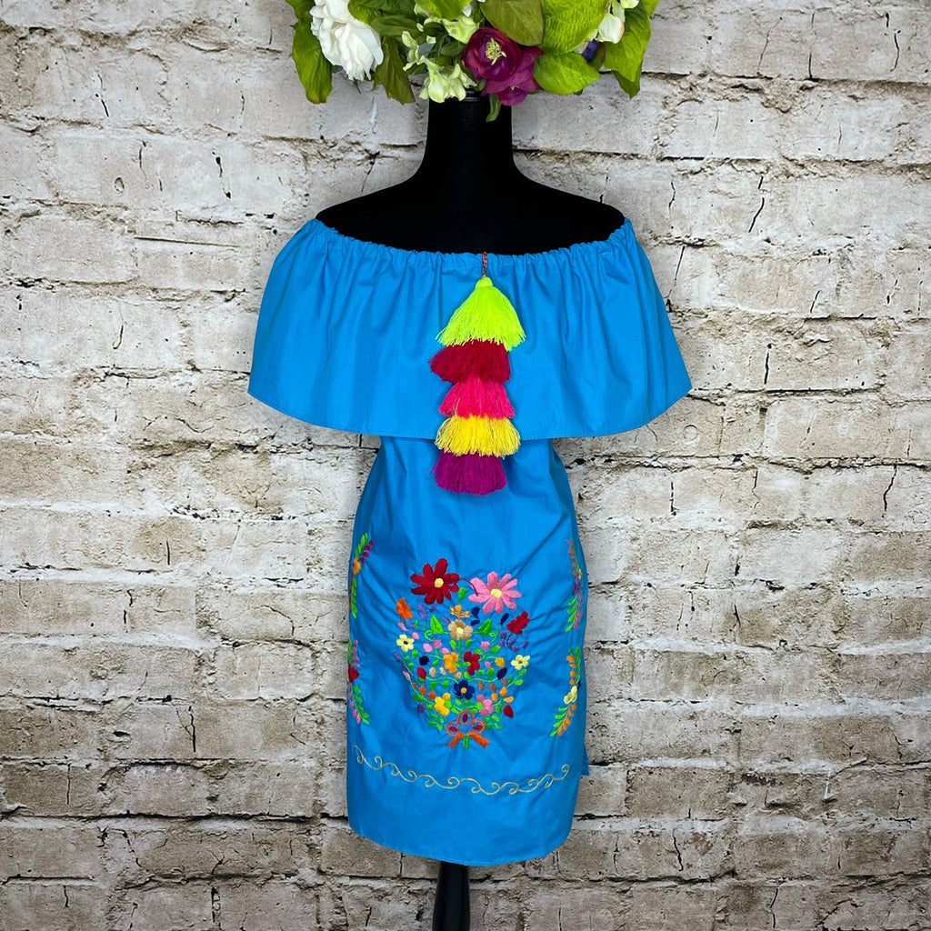 Off Shoulder Puebla Mexican Dress - Ruffle Pom-Pom