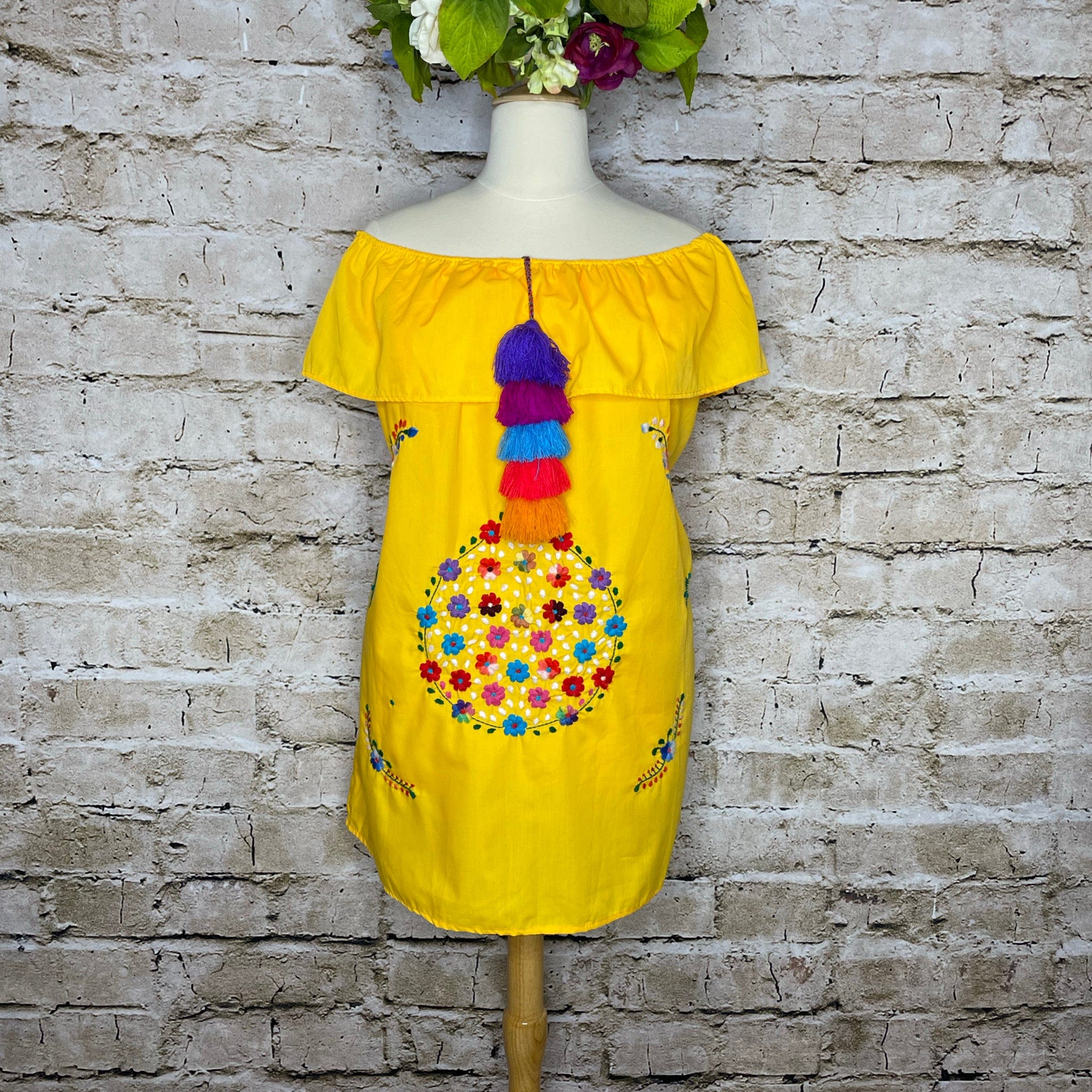 Off Shoulder Puebla Mexican Dress - Ruffle Pom-Pom