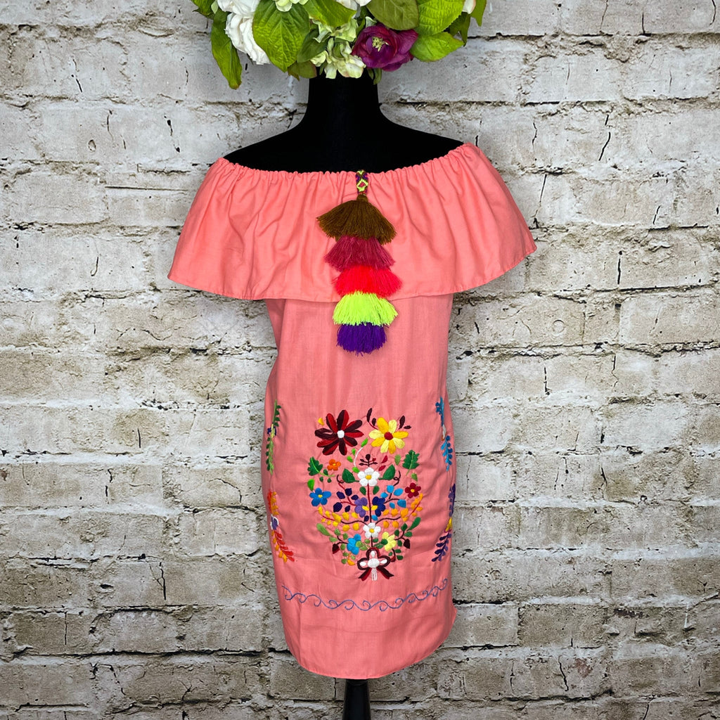 Off Shoulder Puebla Mexican Dress - Ruffle Pom-Pom