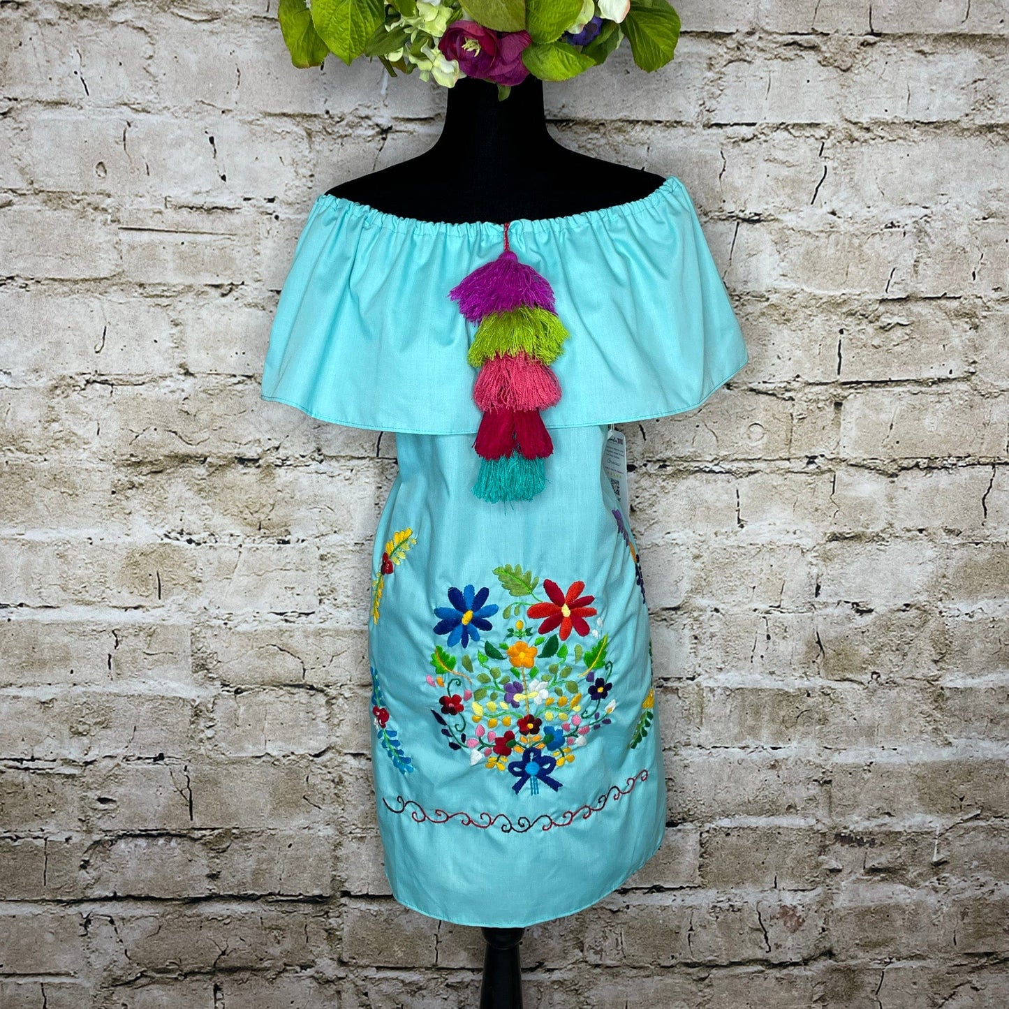 Off Shoulder Puebla Mexican Dress - Ruffle Pom-Pom – Camelia Mexican ...