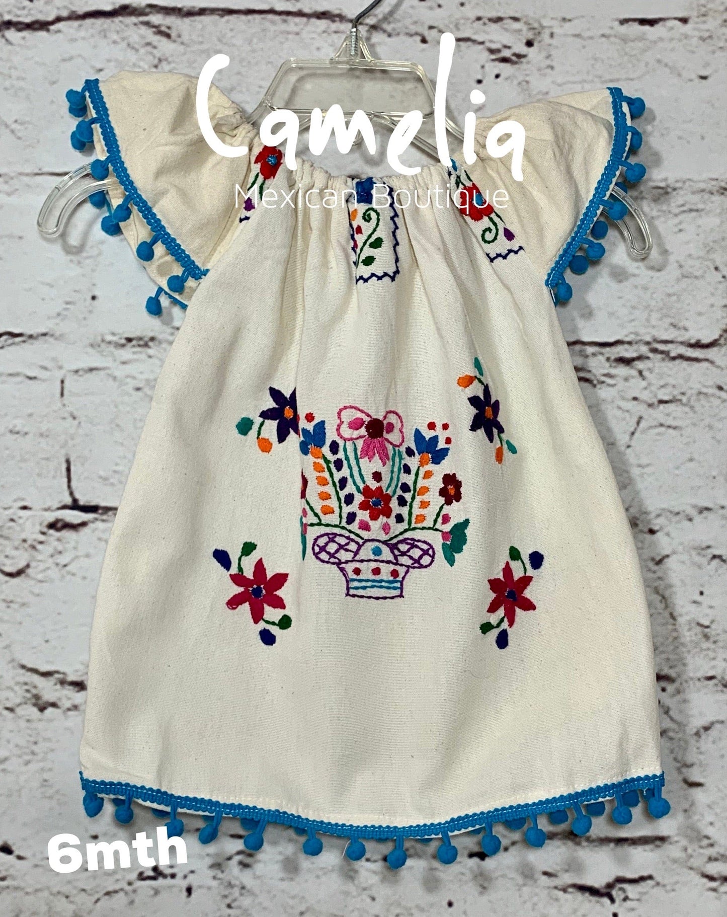 Puebla Girl Mexican Dress Pom Pom