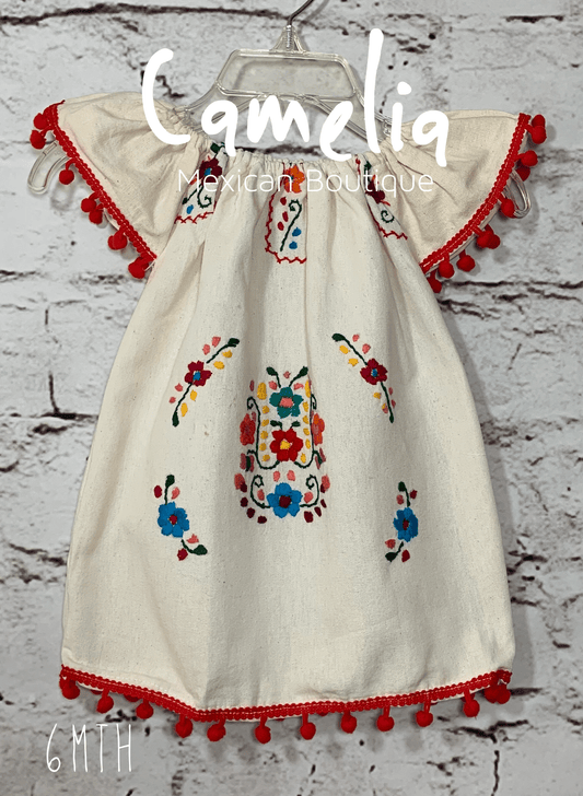 Puebla Girl Mexican Dress Pom Pom