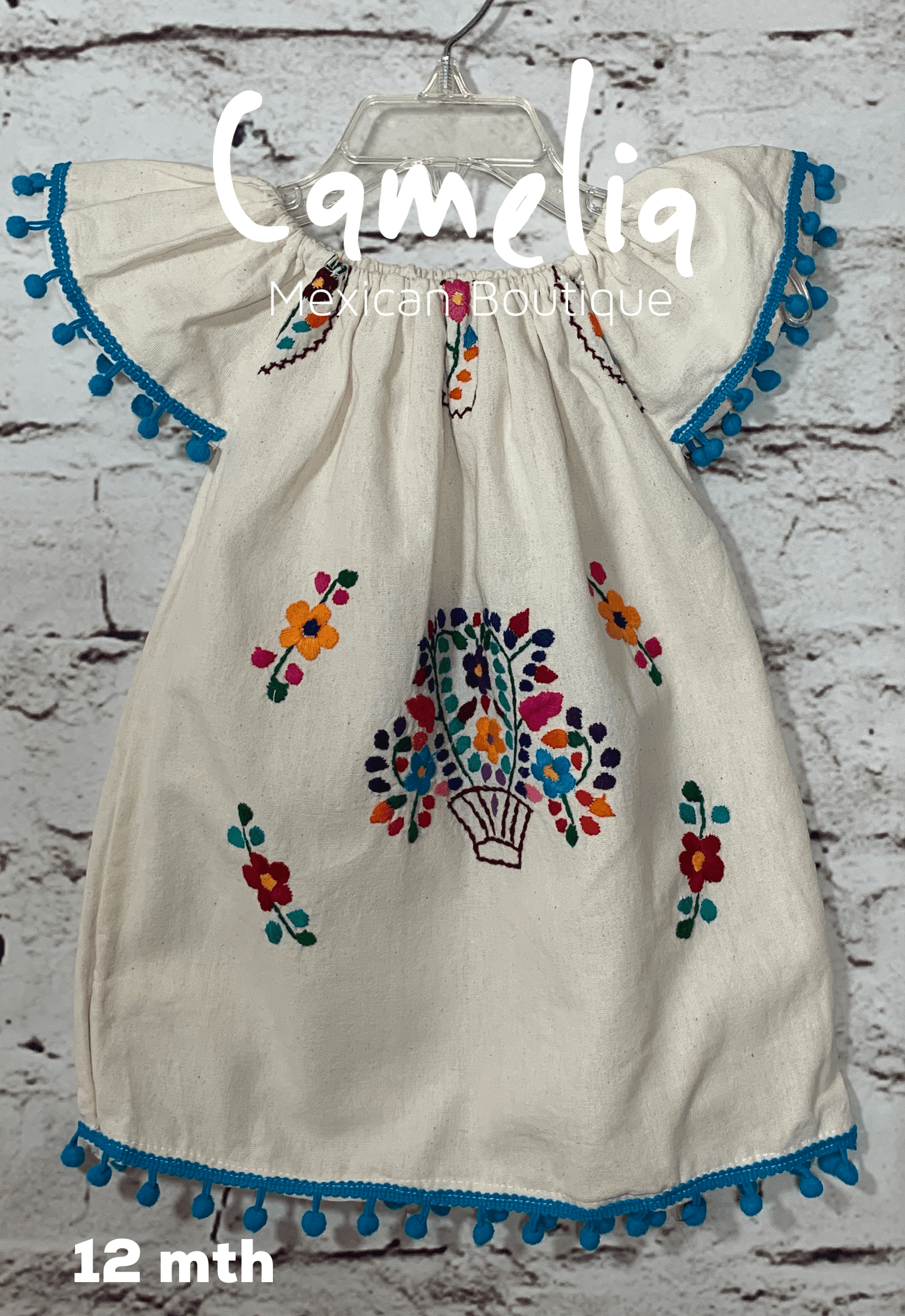 Puebla Girl Mexican Dress Pom Pom