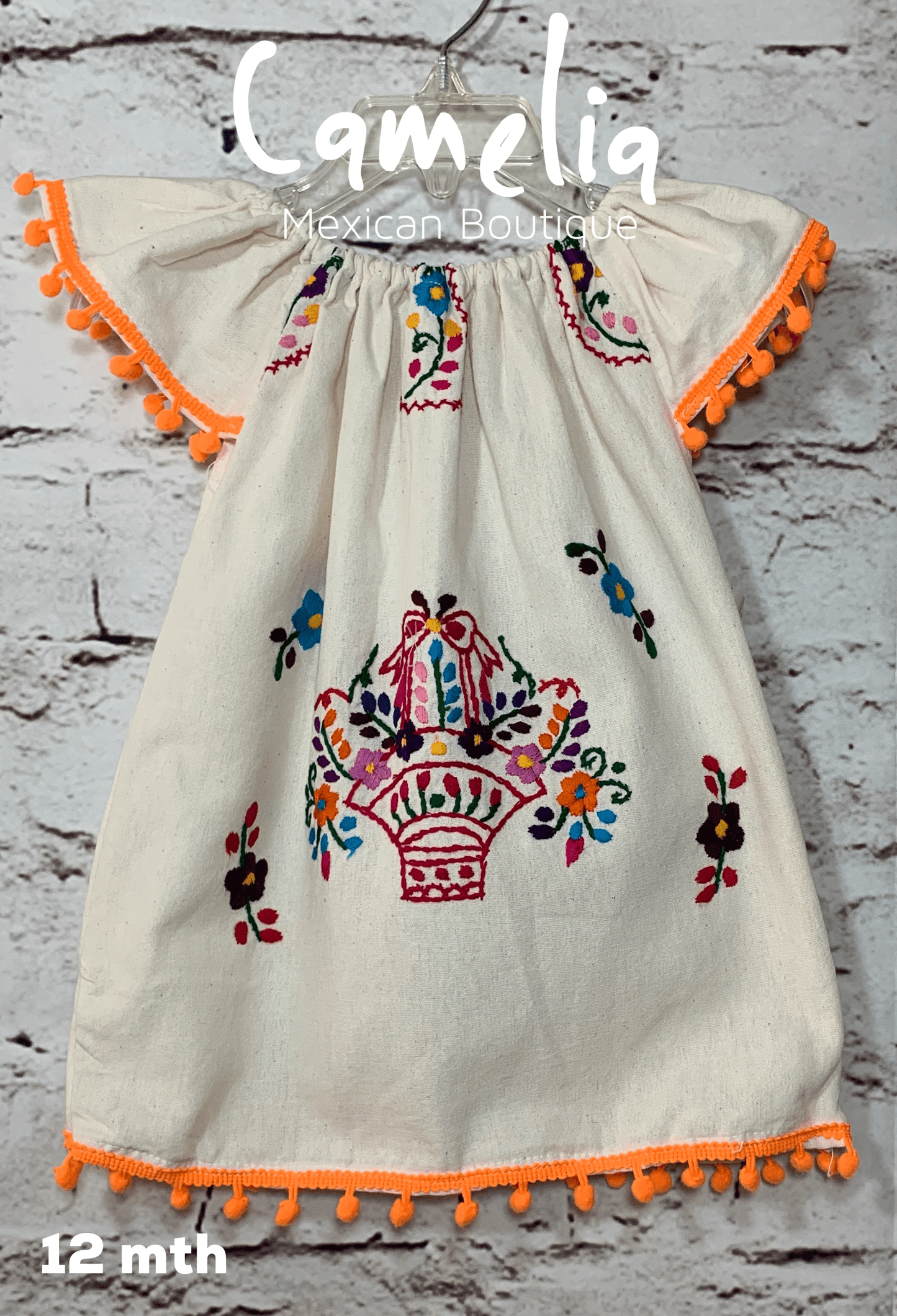 Puebla Girl Mexican Dress Pom Pom