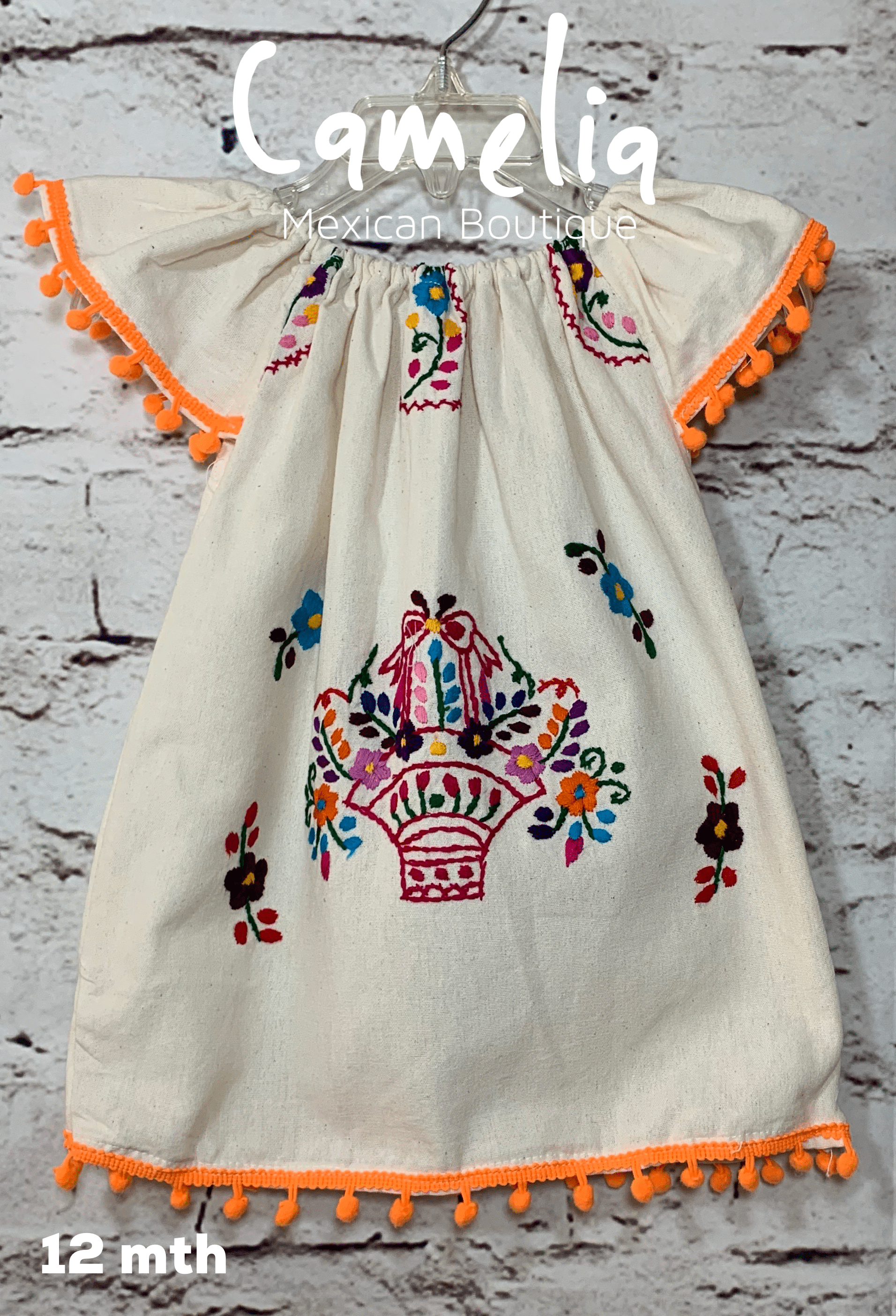 Puebla Girl Mexican Dress Pom Pom