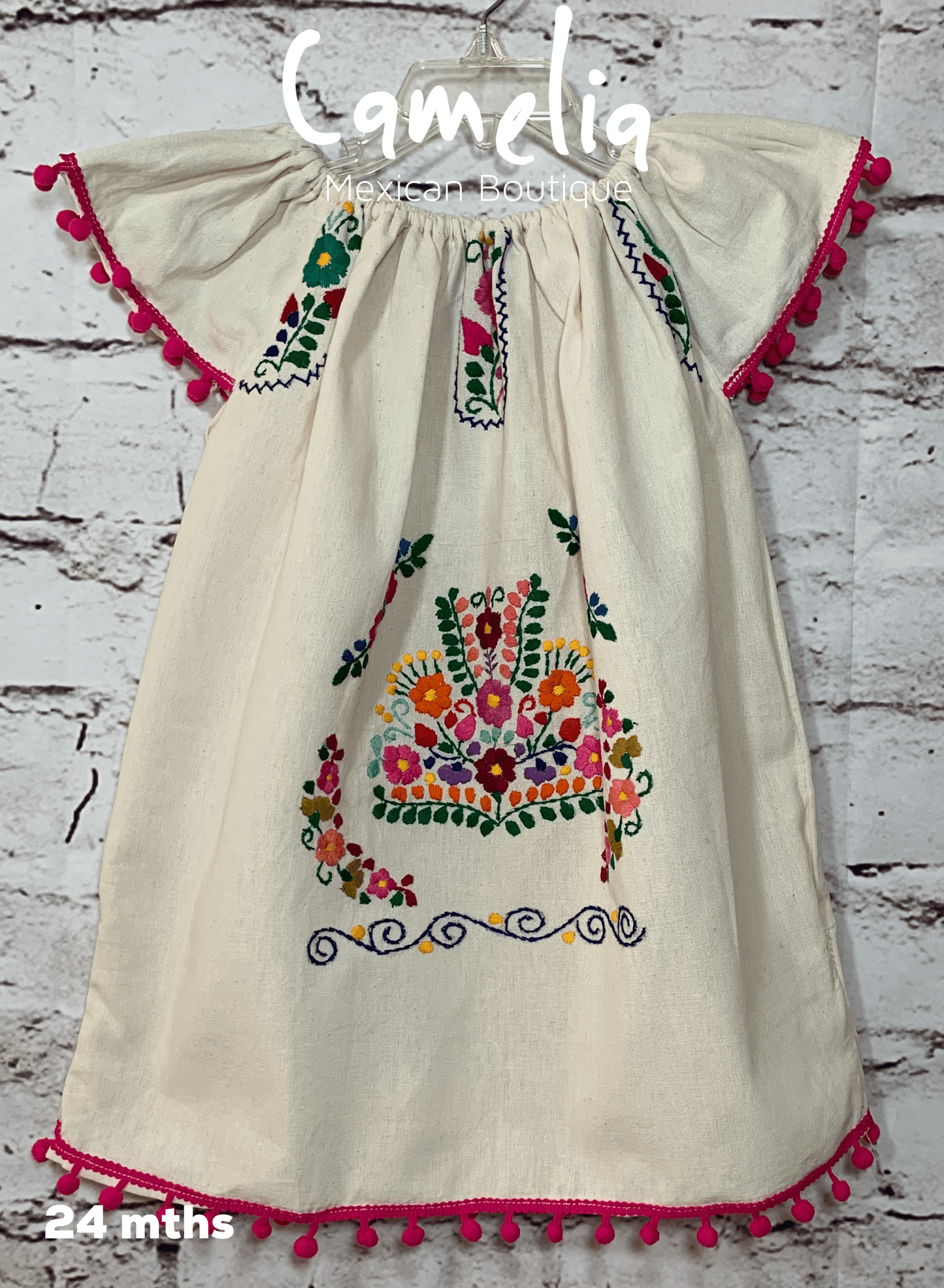 Puebla Girl Mexican Dress Pom Pom