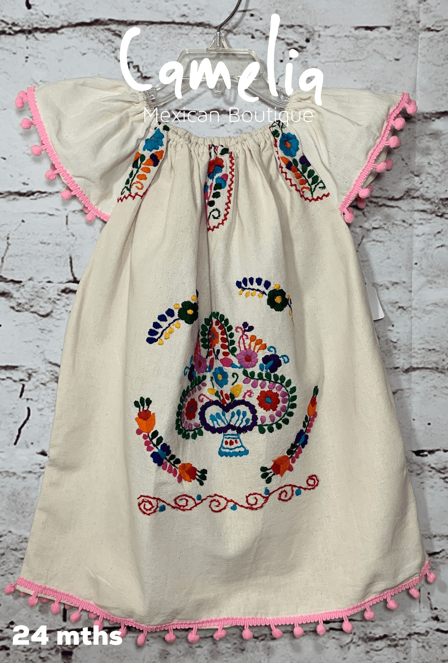 Puebla Girl Mexican Dress Pom Pom