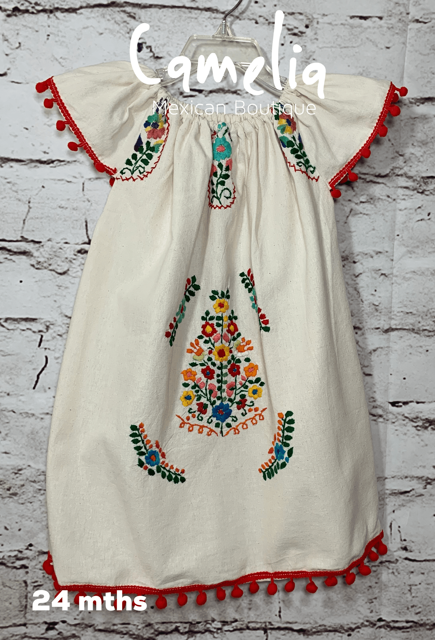 Puebla Girl Mexican Dress Pom Pom