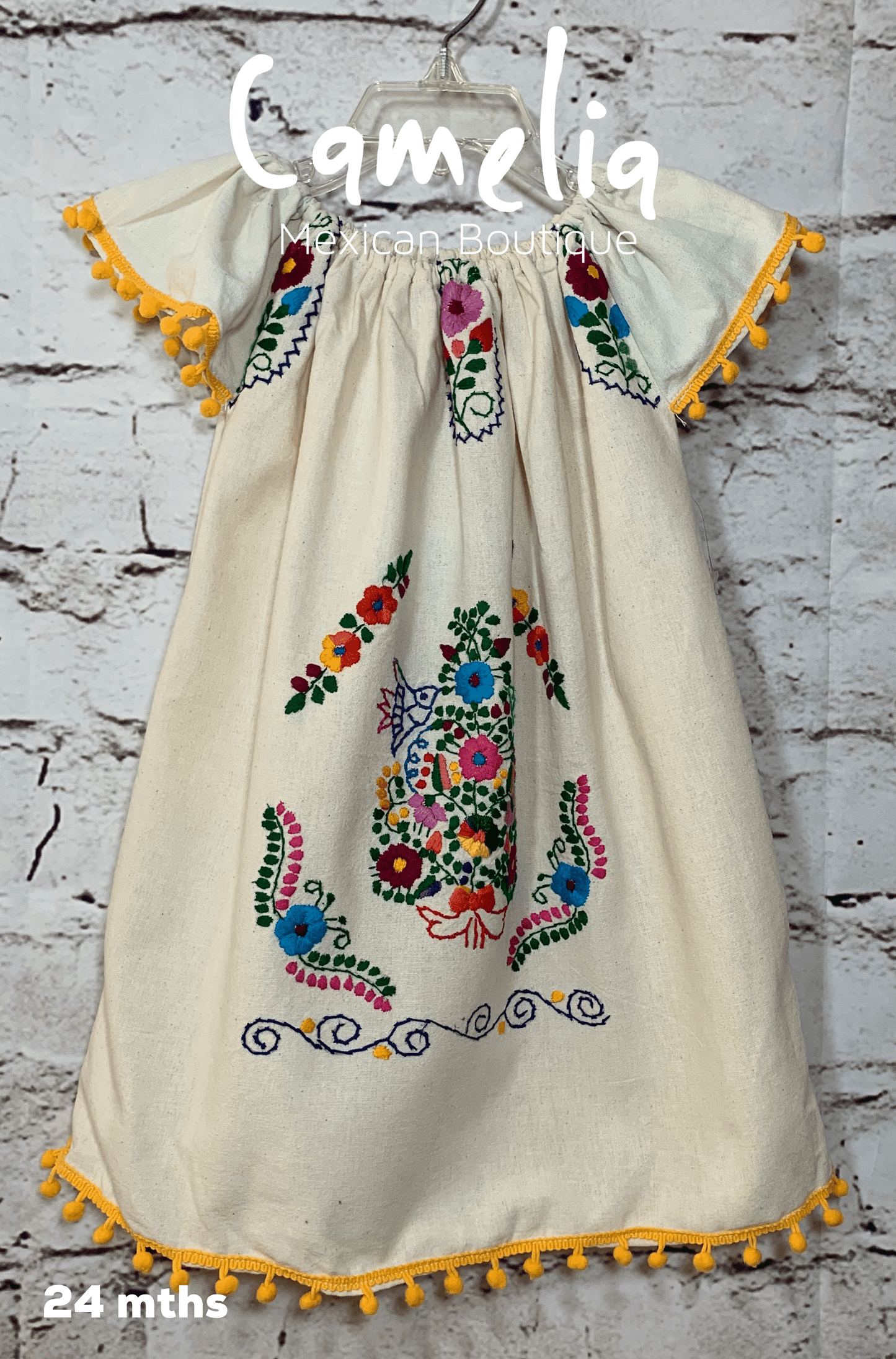 Puebla Girl Mexican Dress Pom Pom