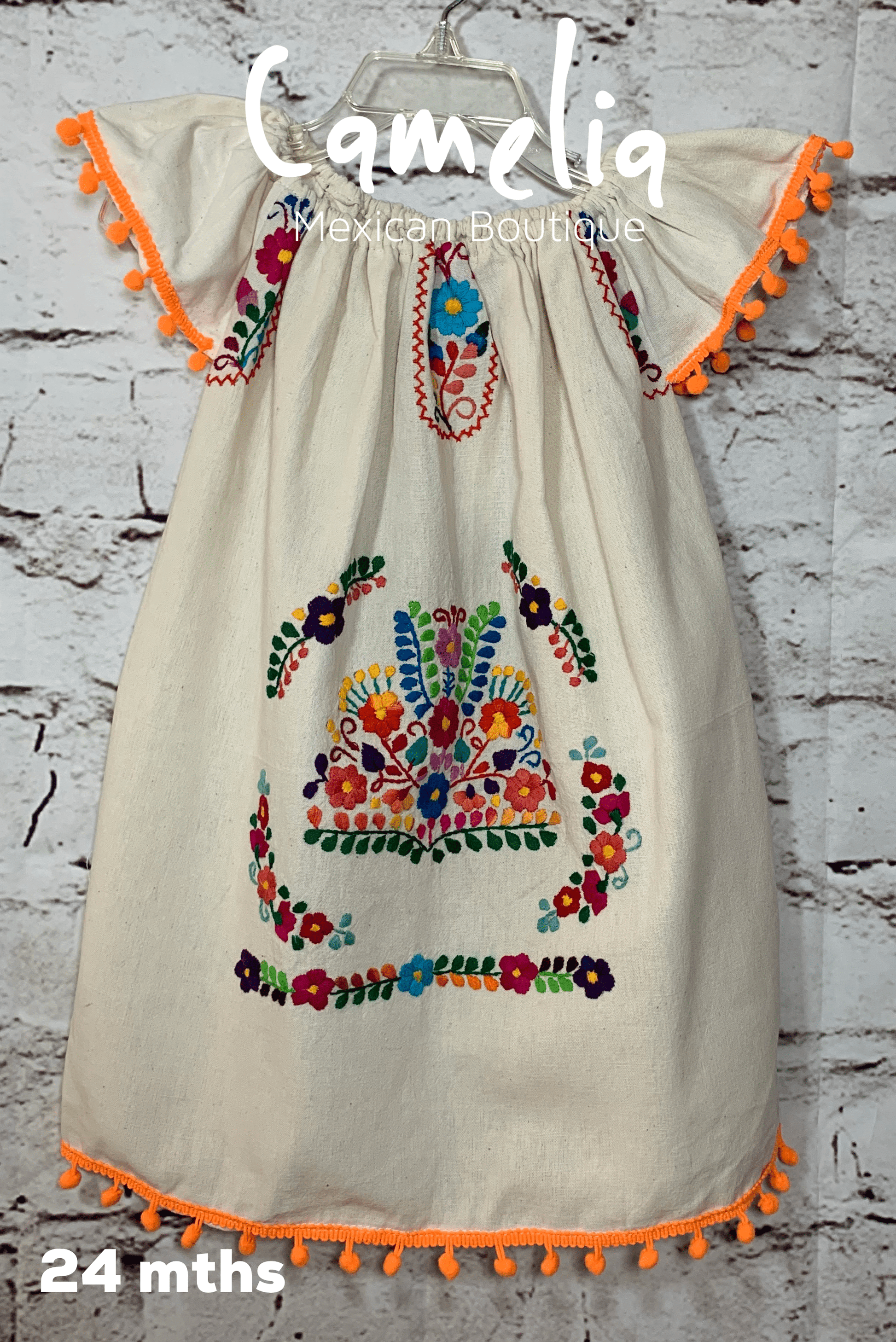 Puebla Girl Mexican Dress Pom Pom