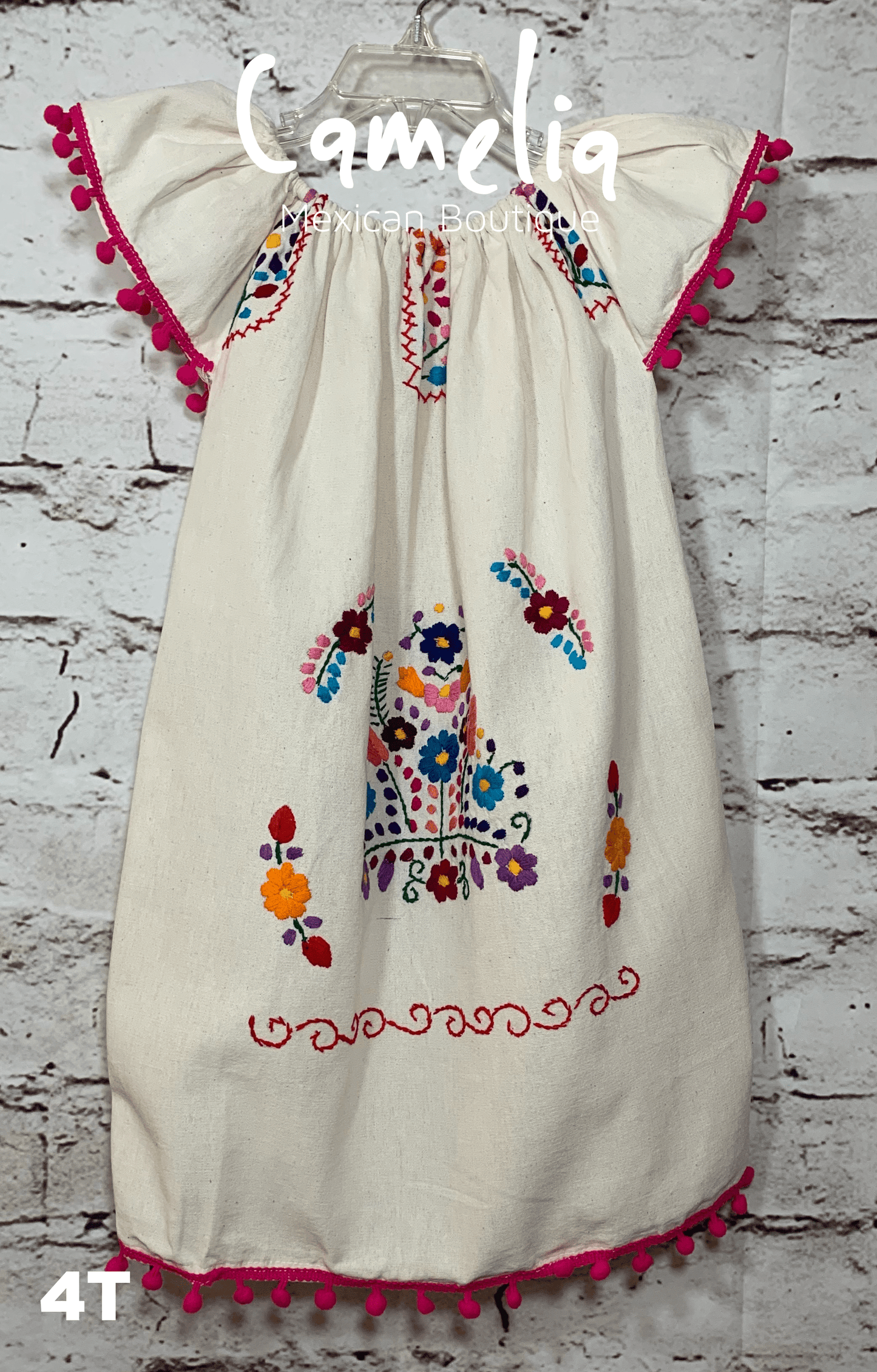 Puebla Girl Mexican Dress Pom Pom