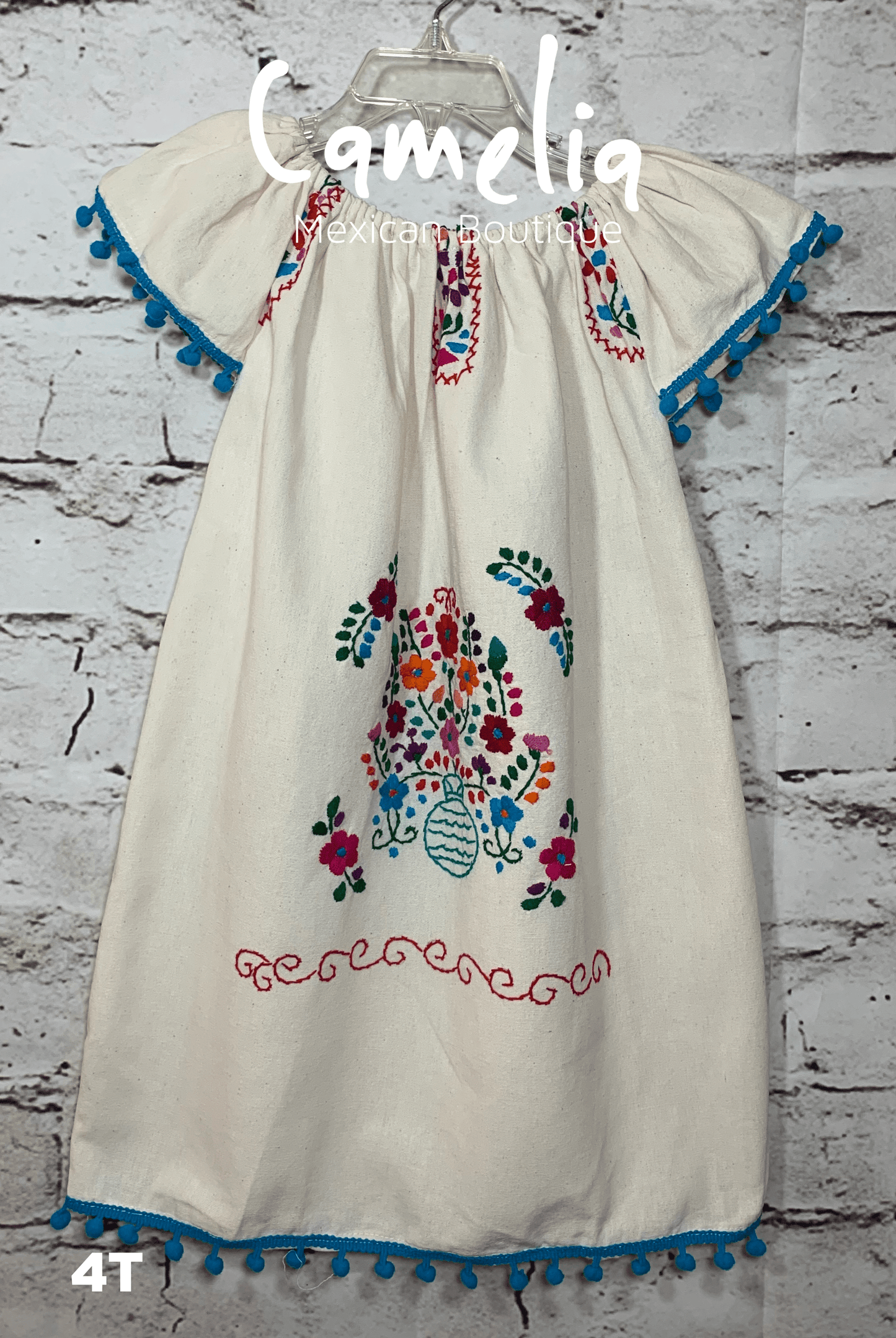 Puebla Girl Mexican Dress Pom Pom