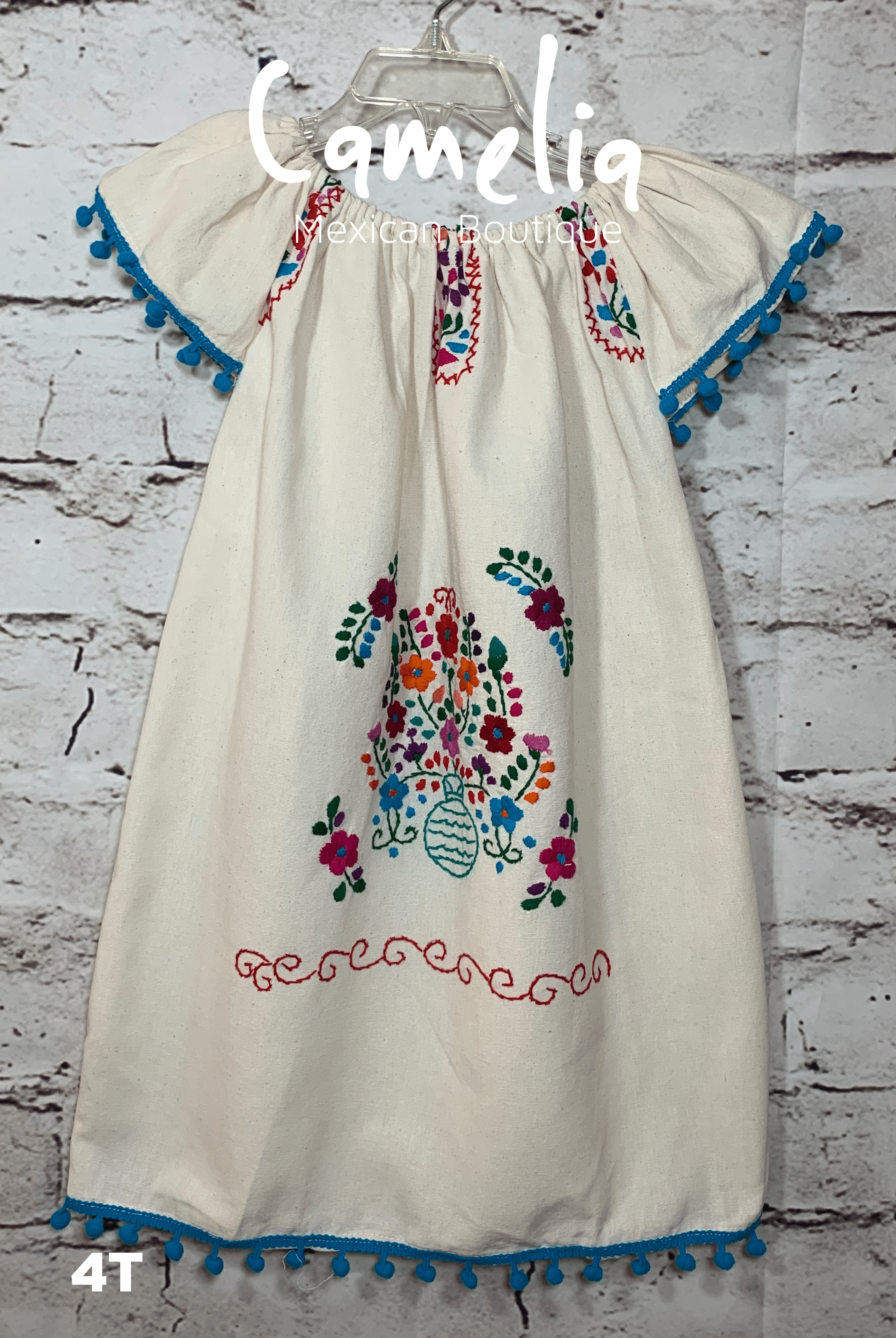 Puebla Girl Mexican Dress Pom Pom