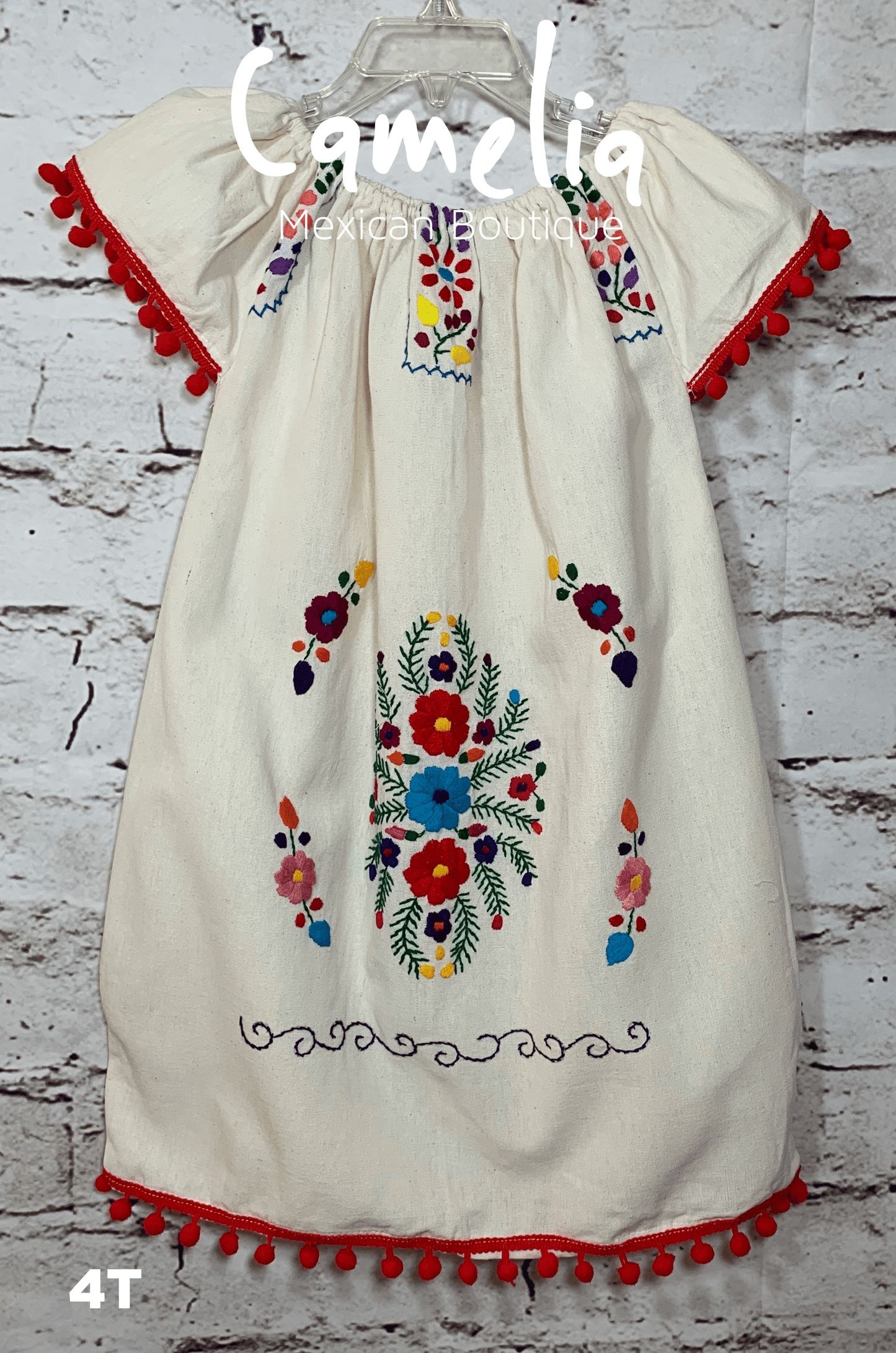 Puebla Girl Mexican Dress Pom Pom