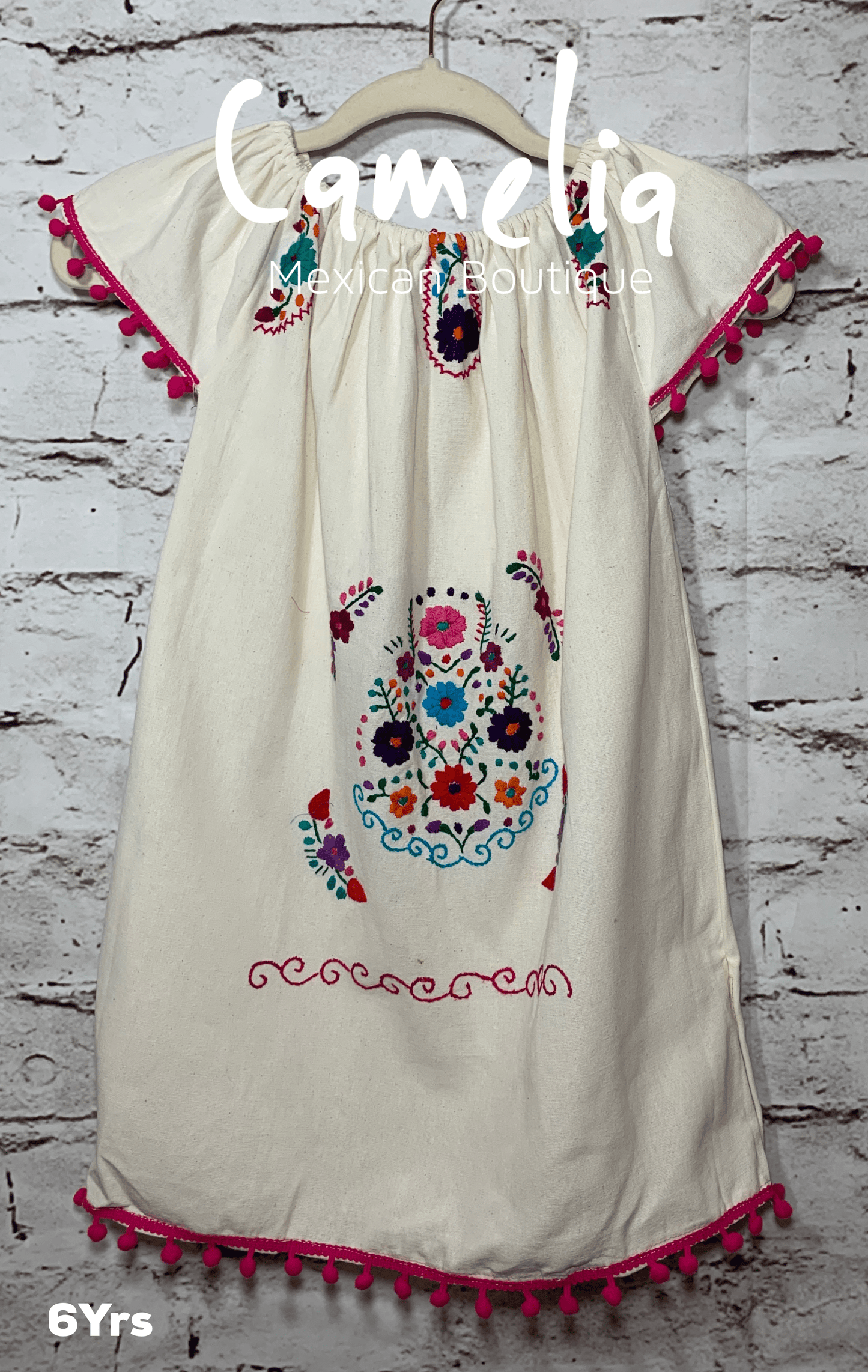 Puebla Girl Mexican Dress Pom Pom