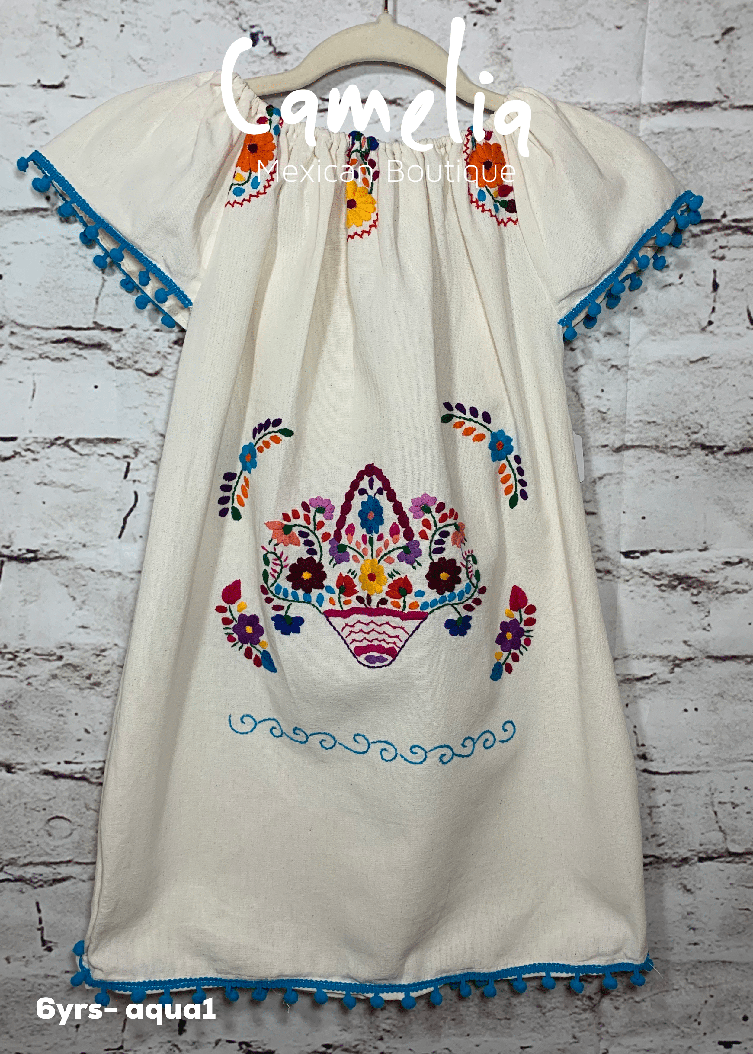 Puebla Girl Mexican Dress Pom Pom