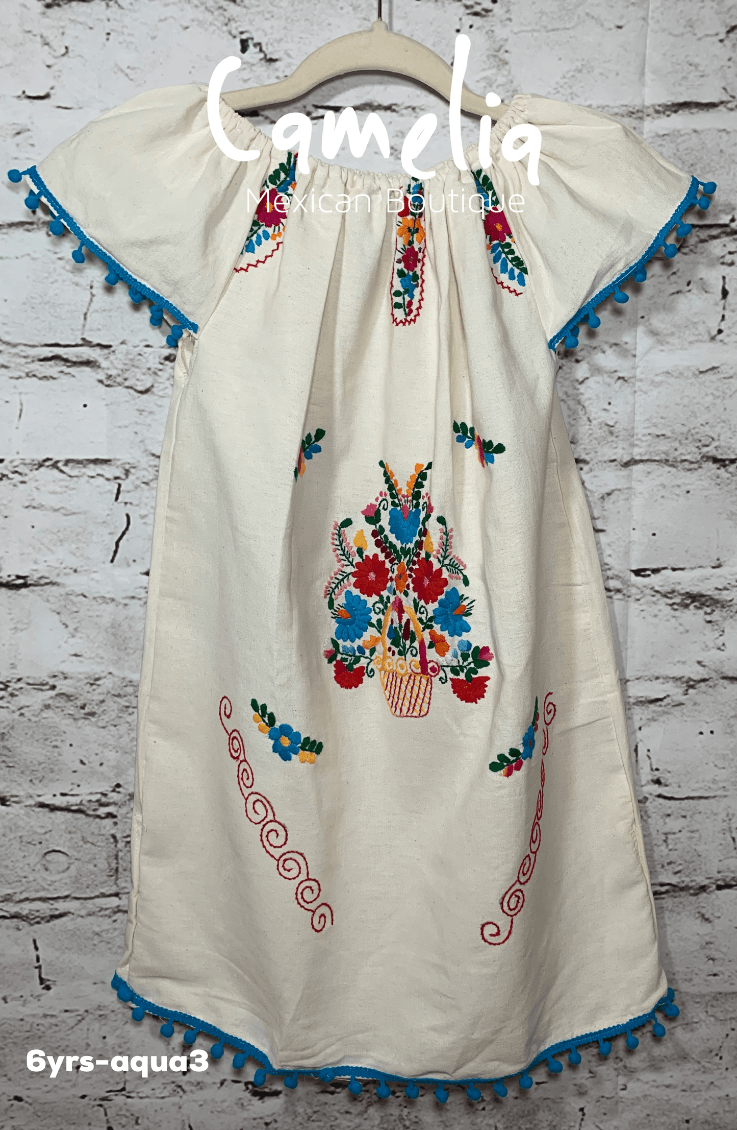 Puebla Girl Mexican Dress Pom Pom